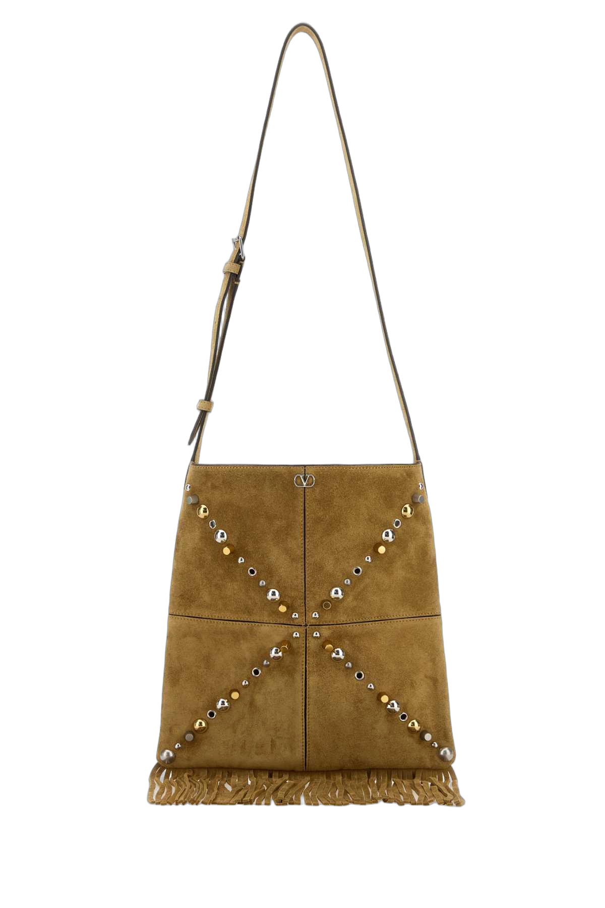 Valentino Garavani Studded Suede Shoulder Bag — Beige