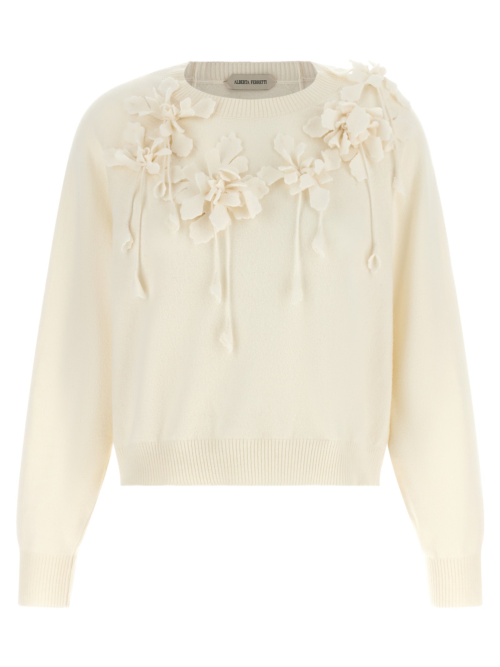 Alberta Ferretti 3D Floral-Embroidered Virgin Wool Sweater — White