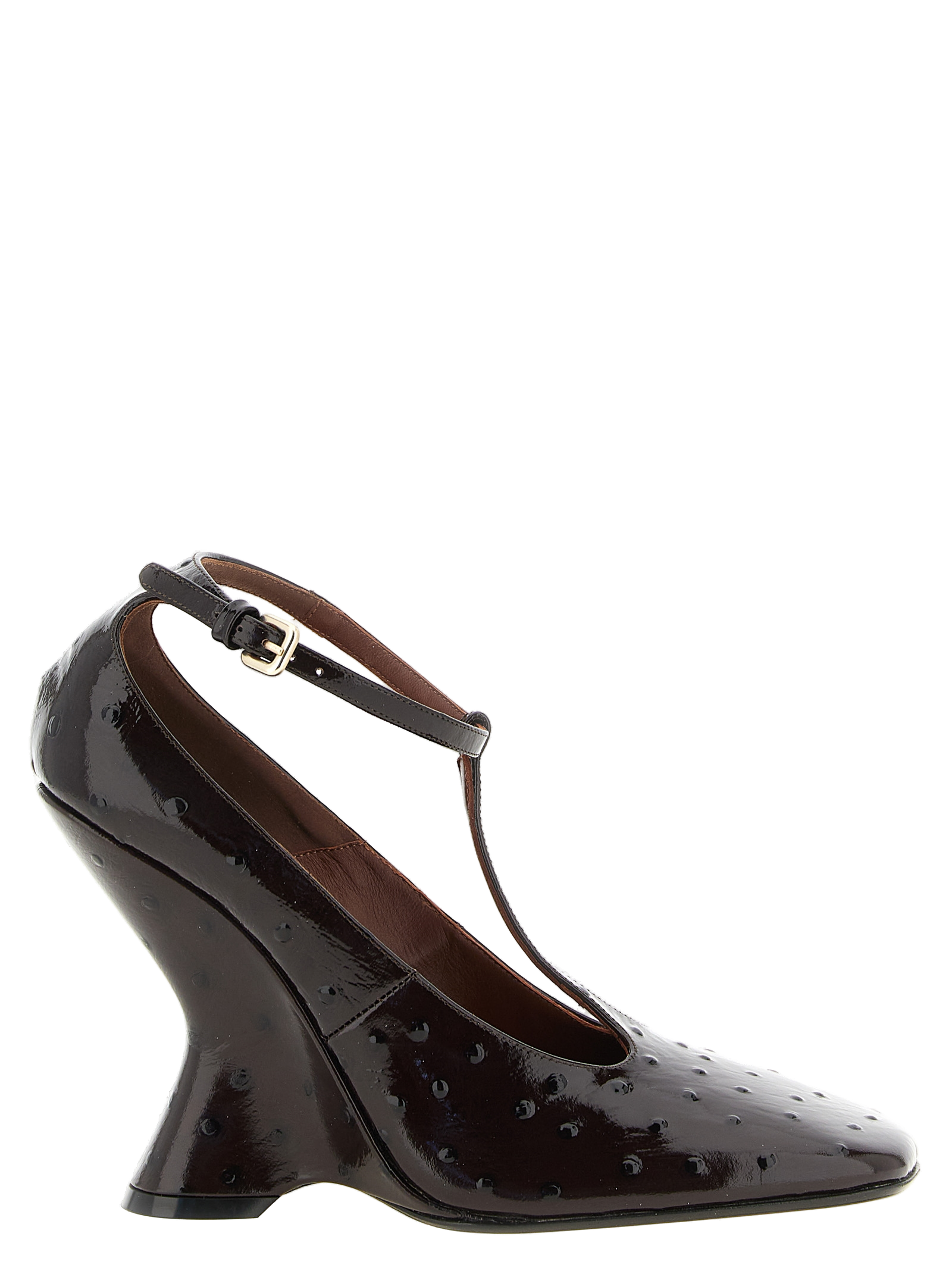 Dries Van Noten Ostrich-Effect Patent Calfskin Wedge Heel — Bordeaux