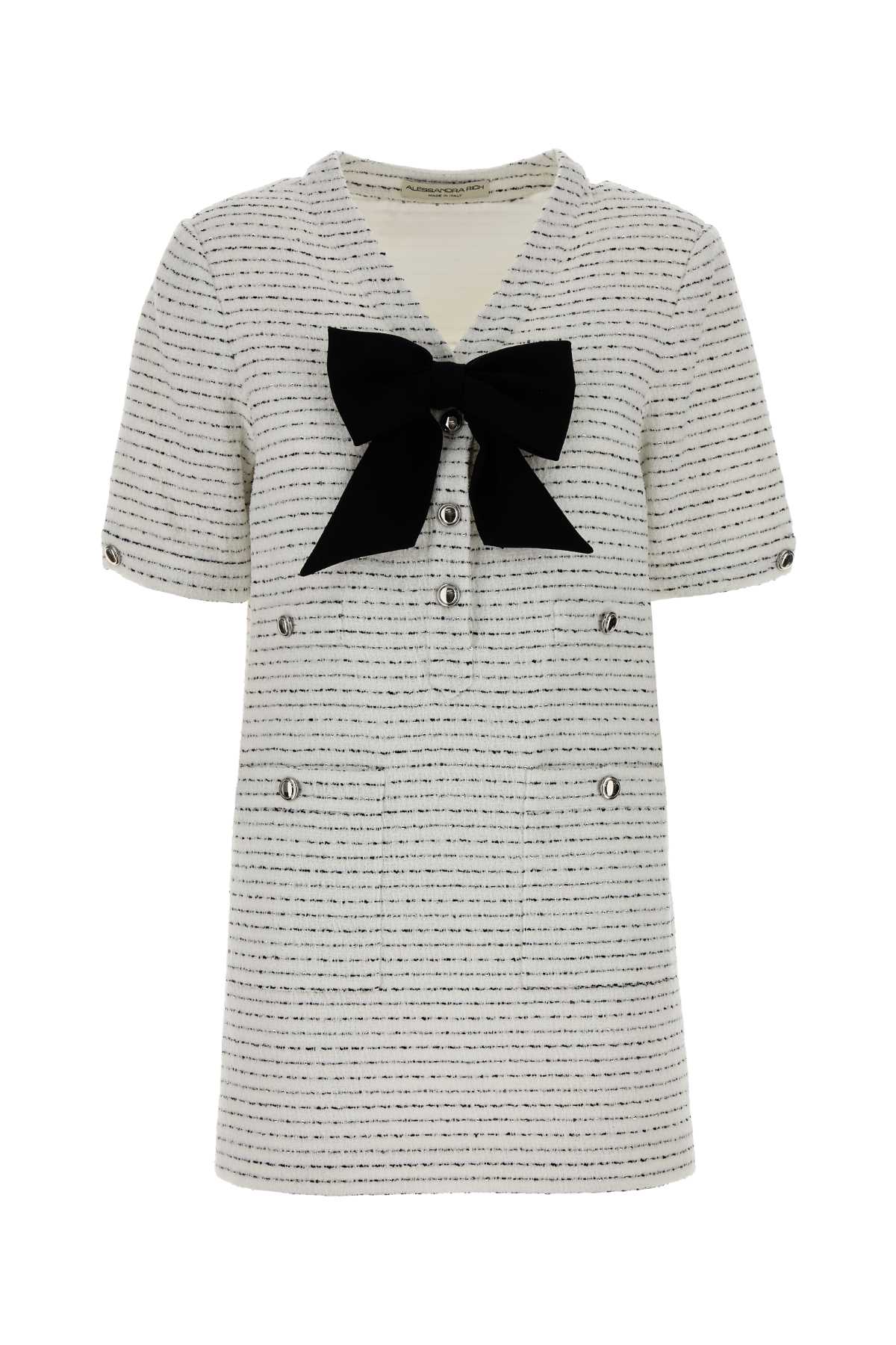 Alessandra Rich Striped Tweed with Bow Dress — White