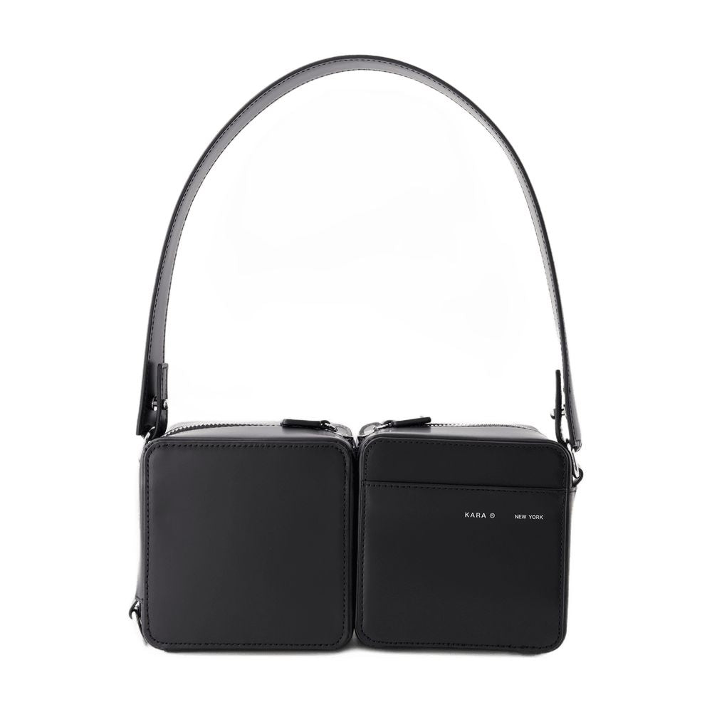 Kara Stacked Leather Shoulder Bag — Black