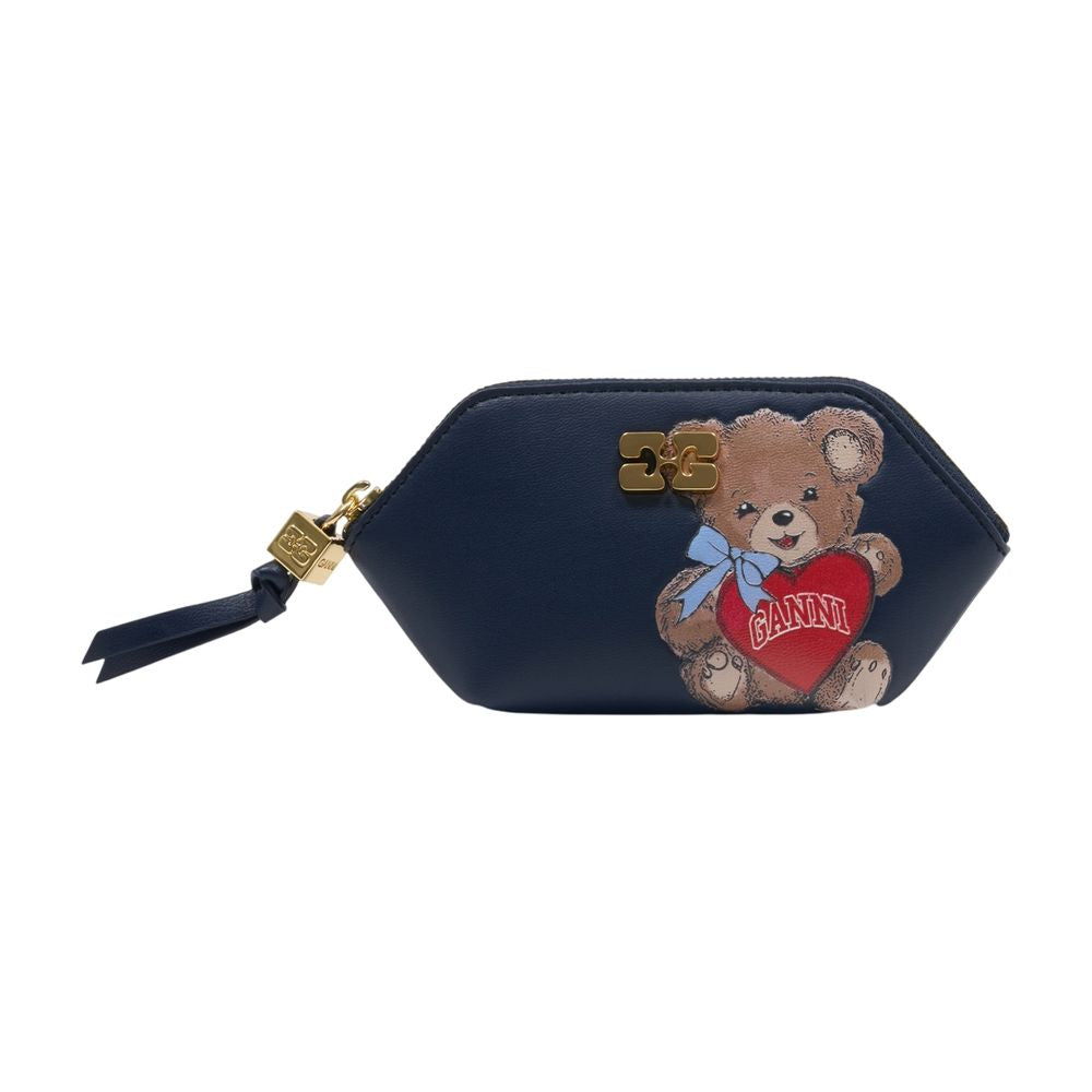 Ganni Bear-Embroidered Lambskin Coin Purse — Black