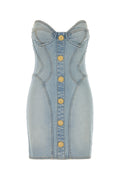 Balmain Button-Front Denim Corset Dress — Blue