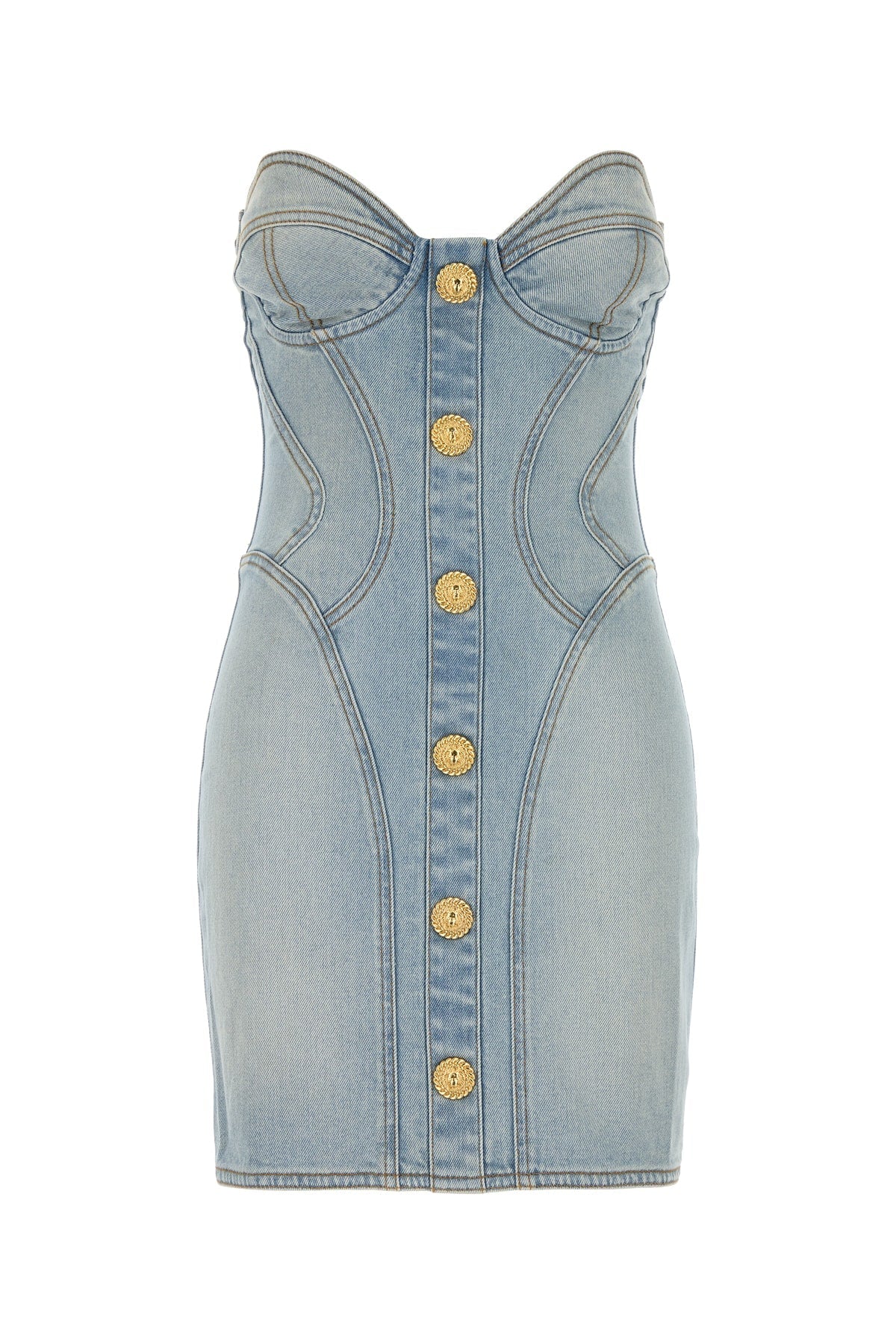 Balmain Button-Front Denim Corset Dress — Blue