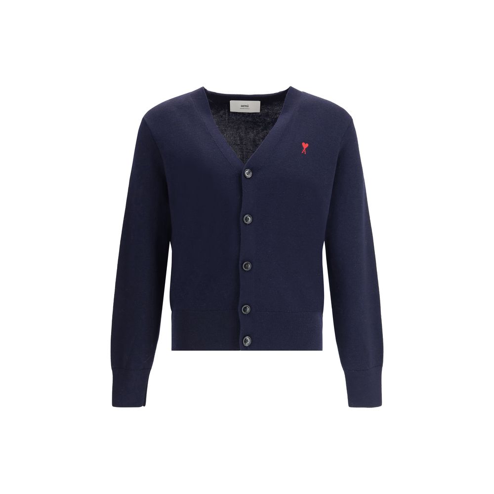AMI Paris Merino Wool Logo-Embroidered Cardigan — Navy