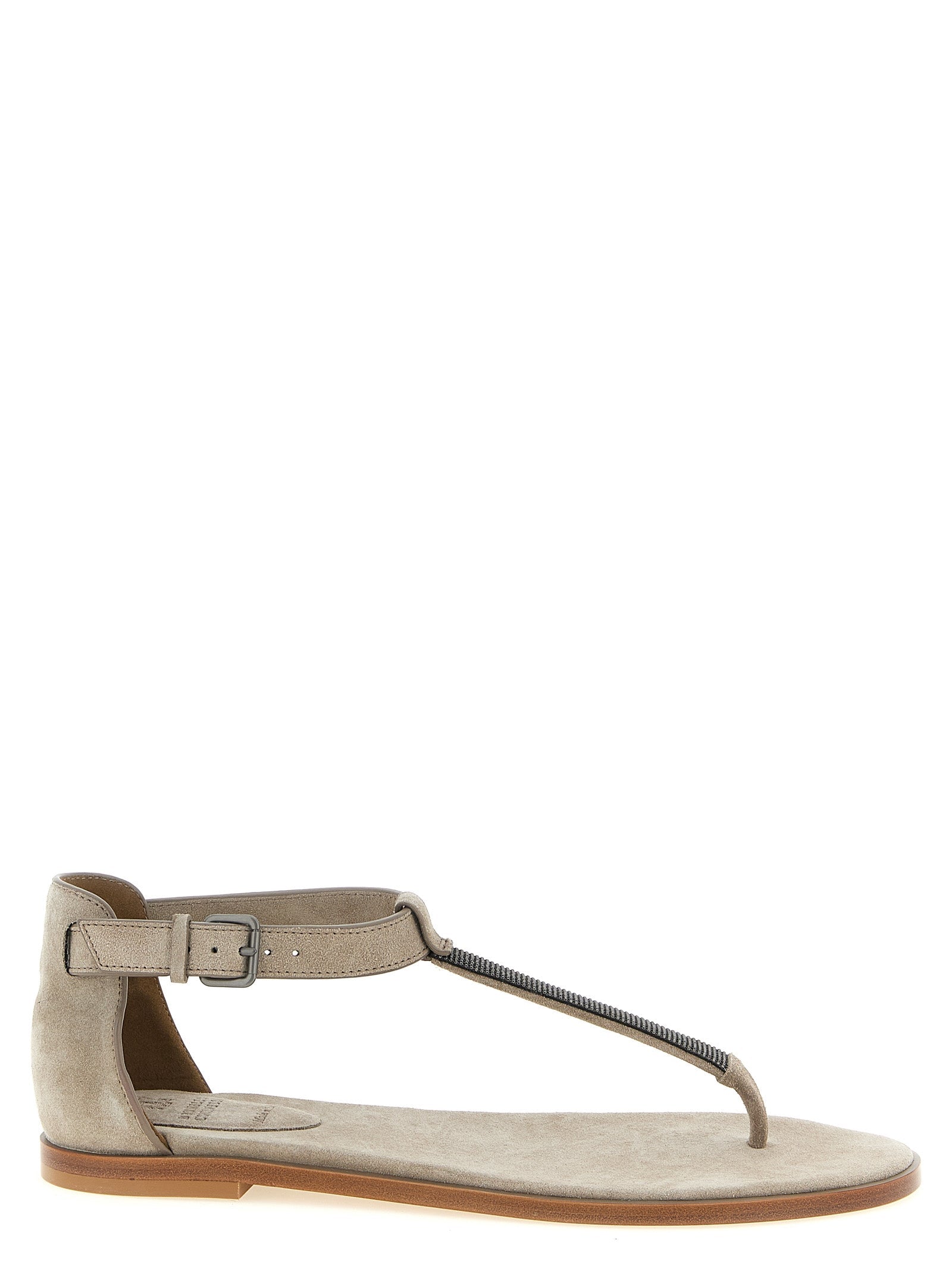 Brunello Cucinelli Metallic-Embroidered T-Strap Sandal — Beige