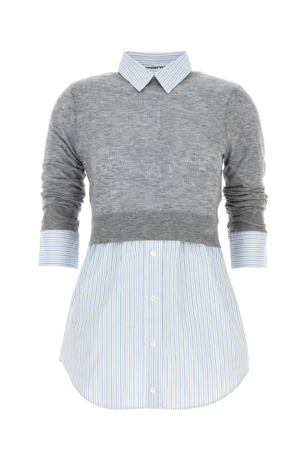Alexander Wang Mixed-Media Knit and Shirt Blouse — Gray