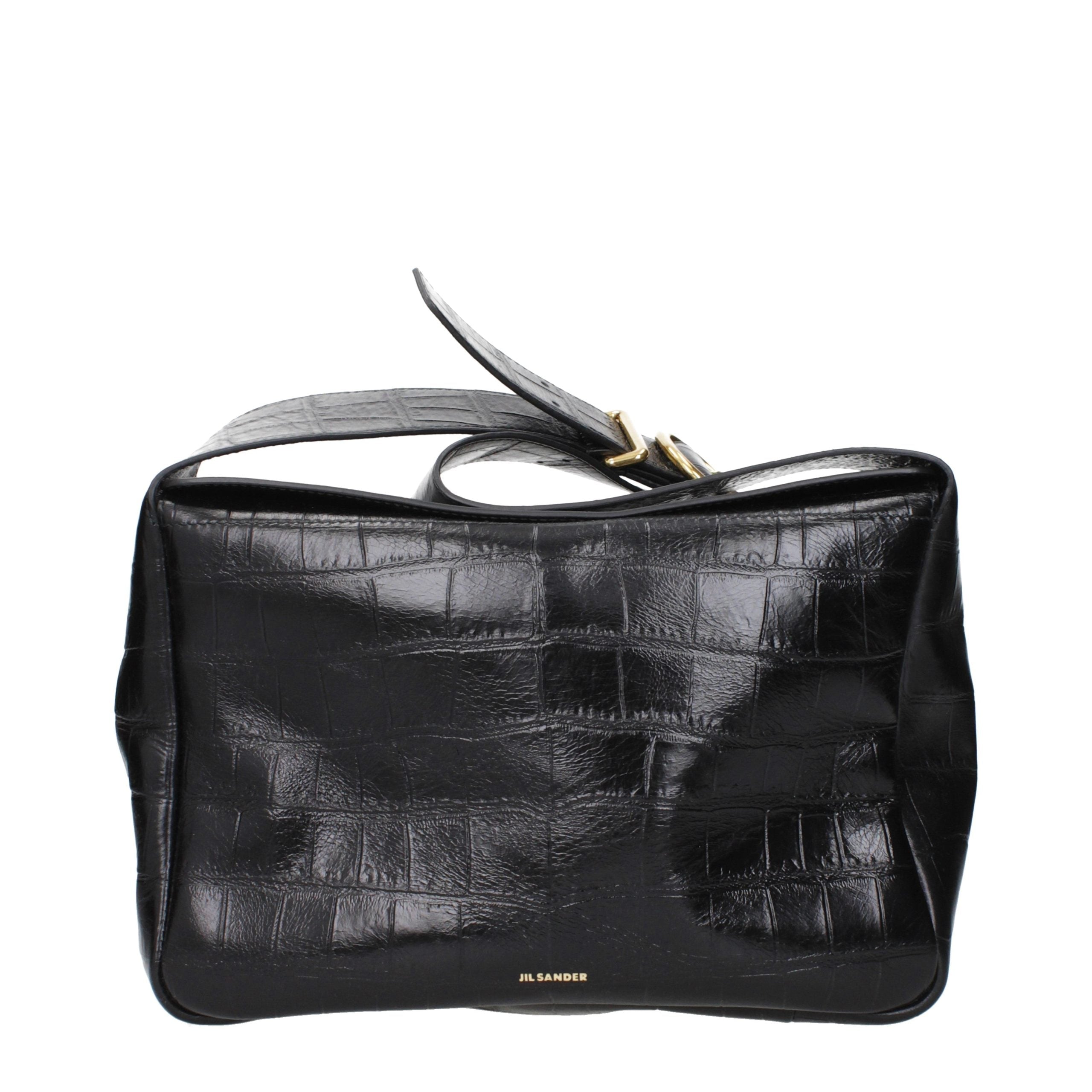Jil Sander Crocodile-Embossed Leather Crossbody Bag — Black