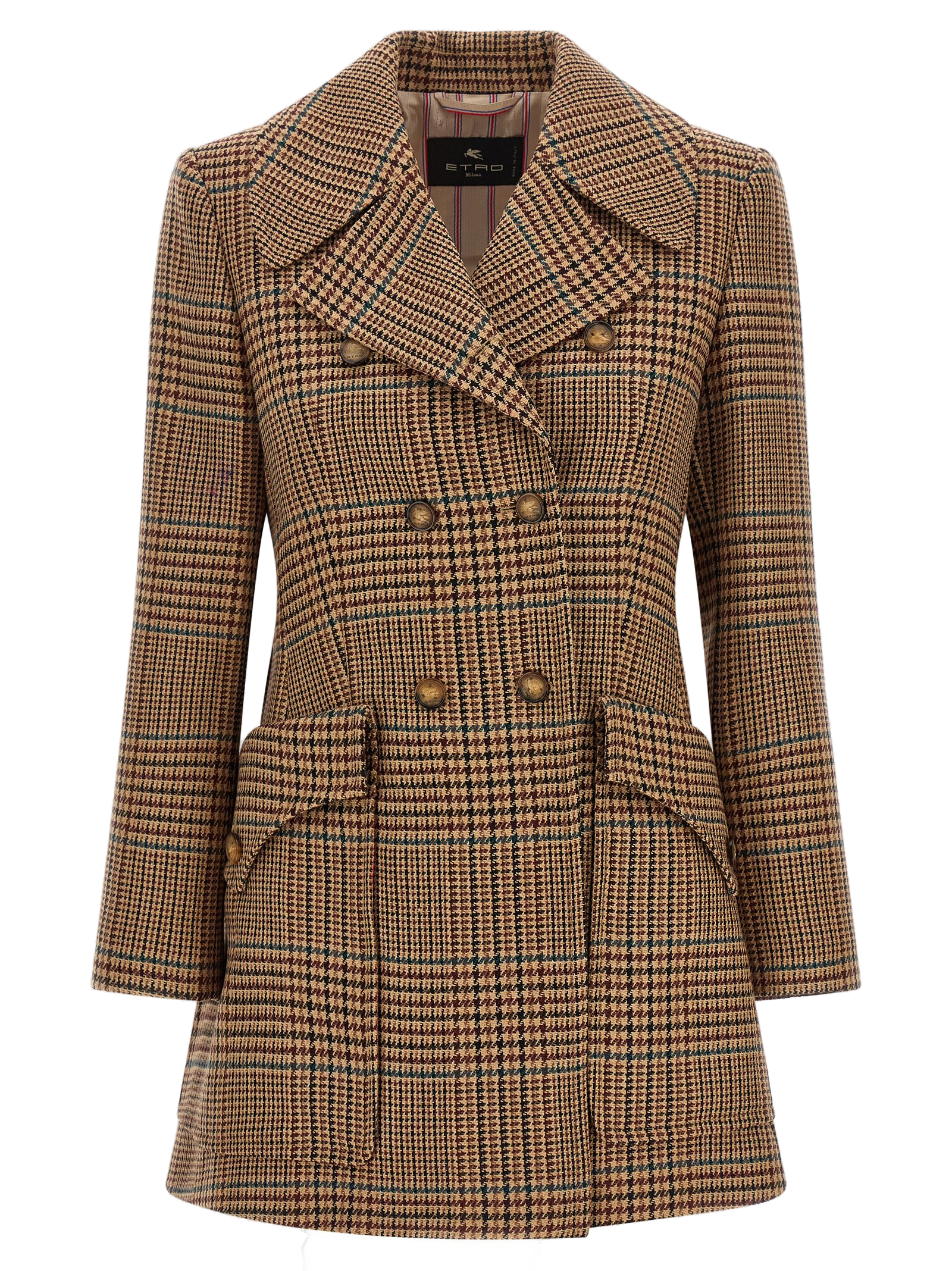 Etro Double-Breasted Wool Prince of Wales Coat — Brown