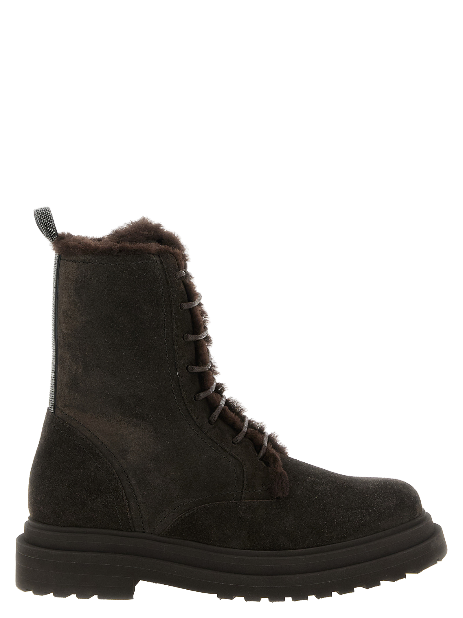 Brunello Cucinelli Shearling-Lined Lace-Up Boot — Brown
