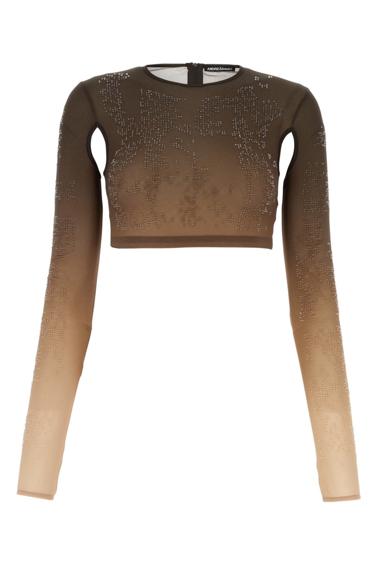 Andrea Adamo Studded Mesh Crop Top — Brown