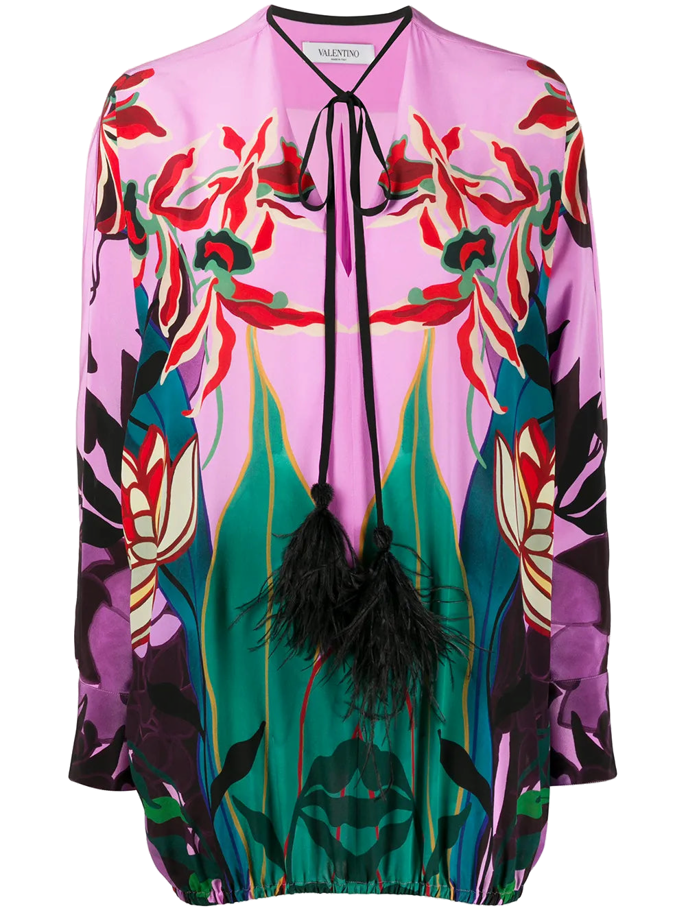 Valentino Feather-Embellished Floral Print Blouse — Pink