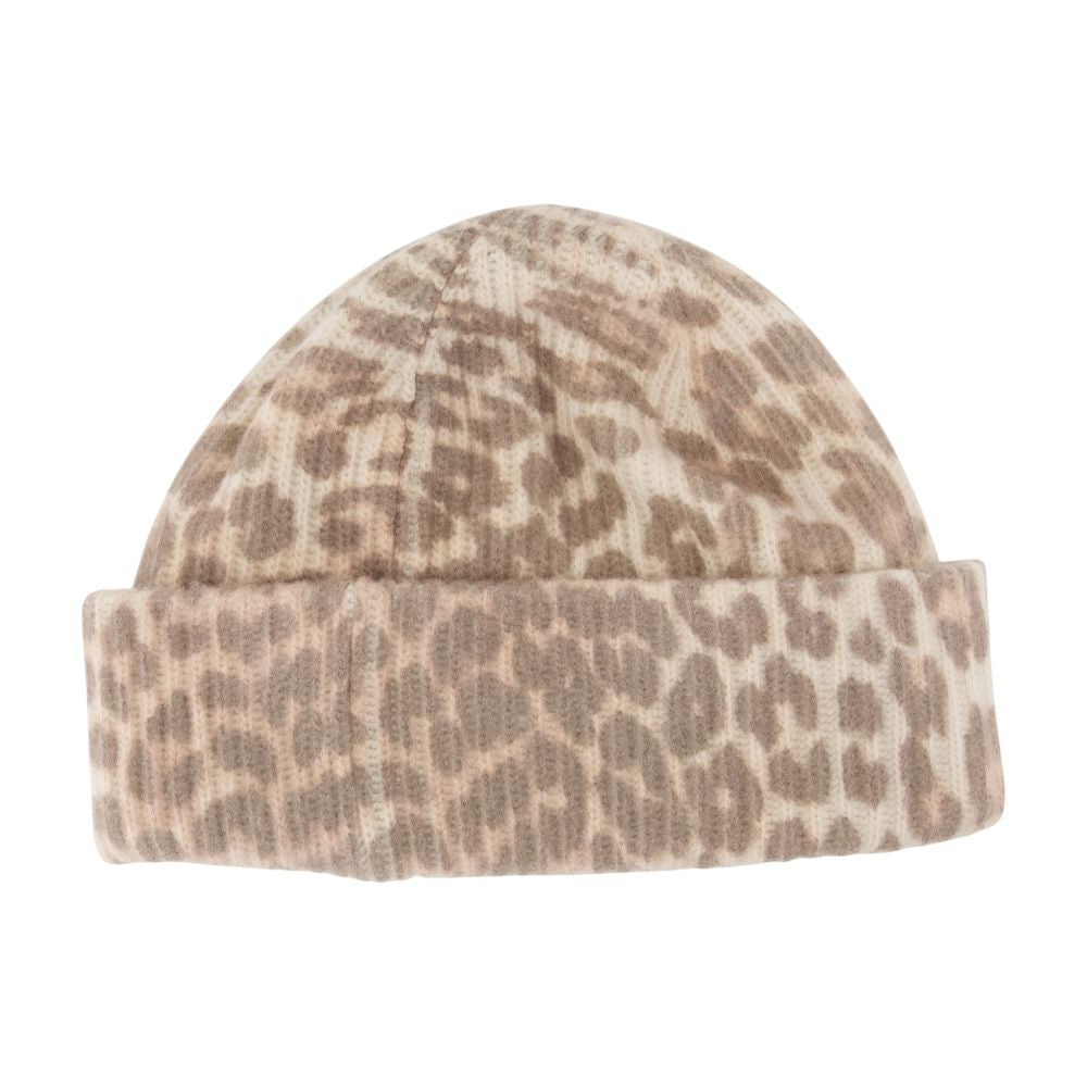 Ganni A6658-943 Graphic Leopard Wool Beanie — Brown