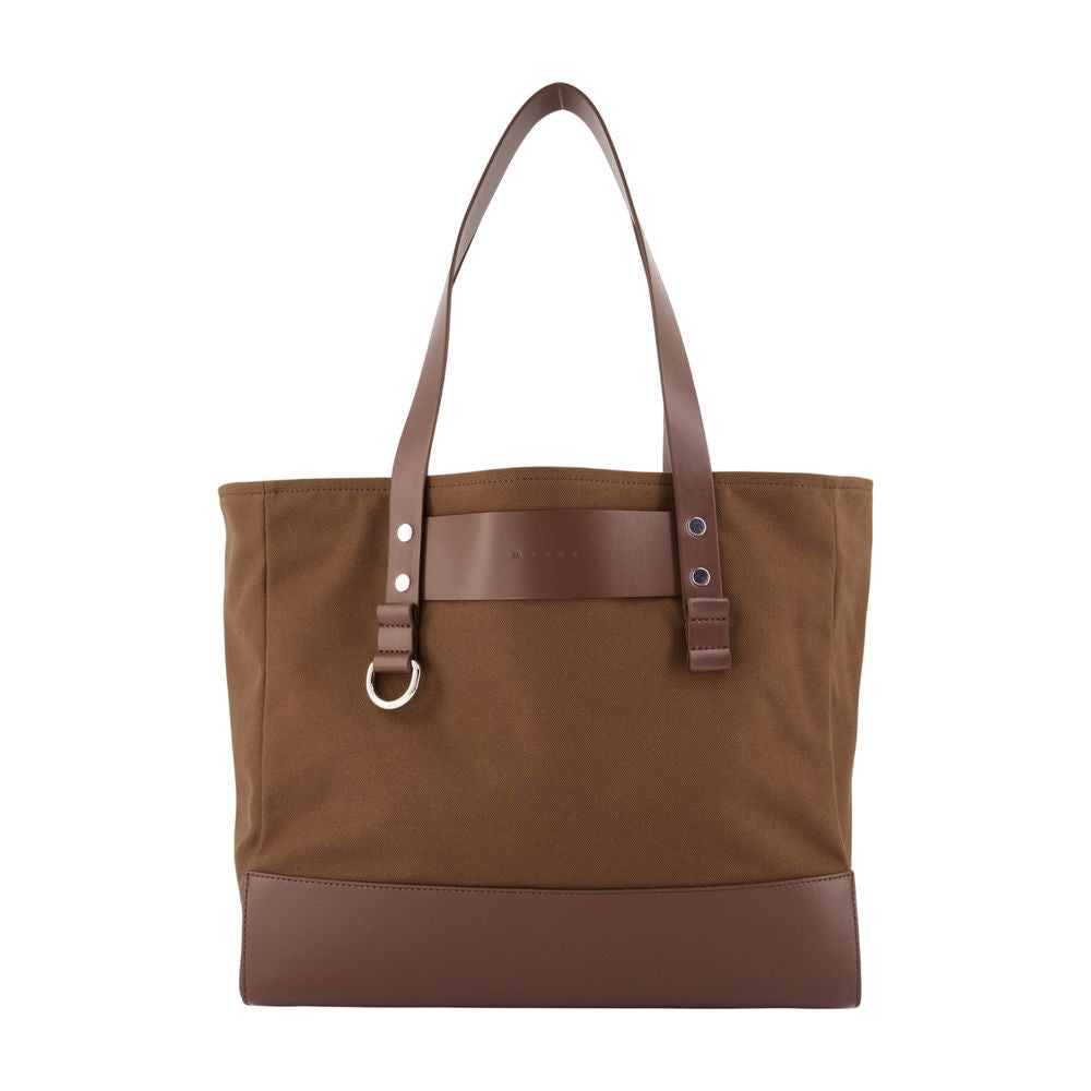 Marni Canvas and Leather-Trimmed Tote Bag — Brown