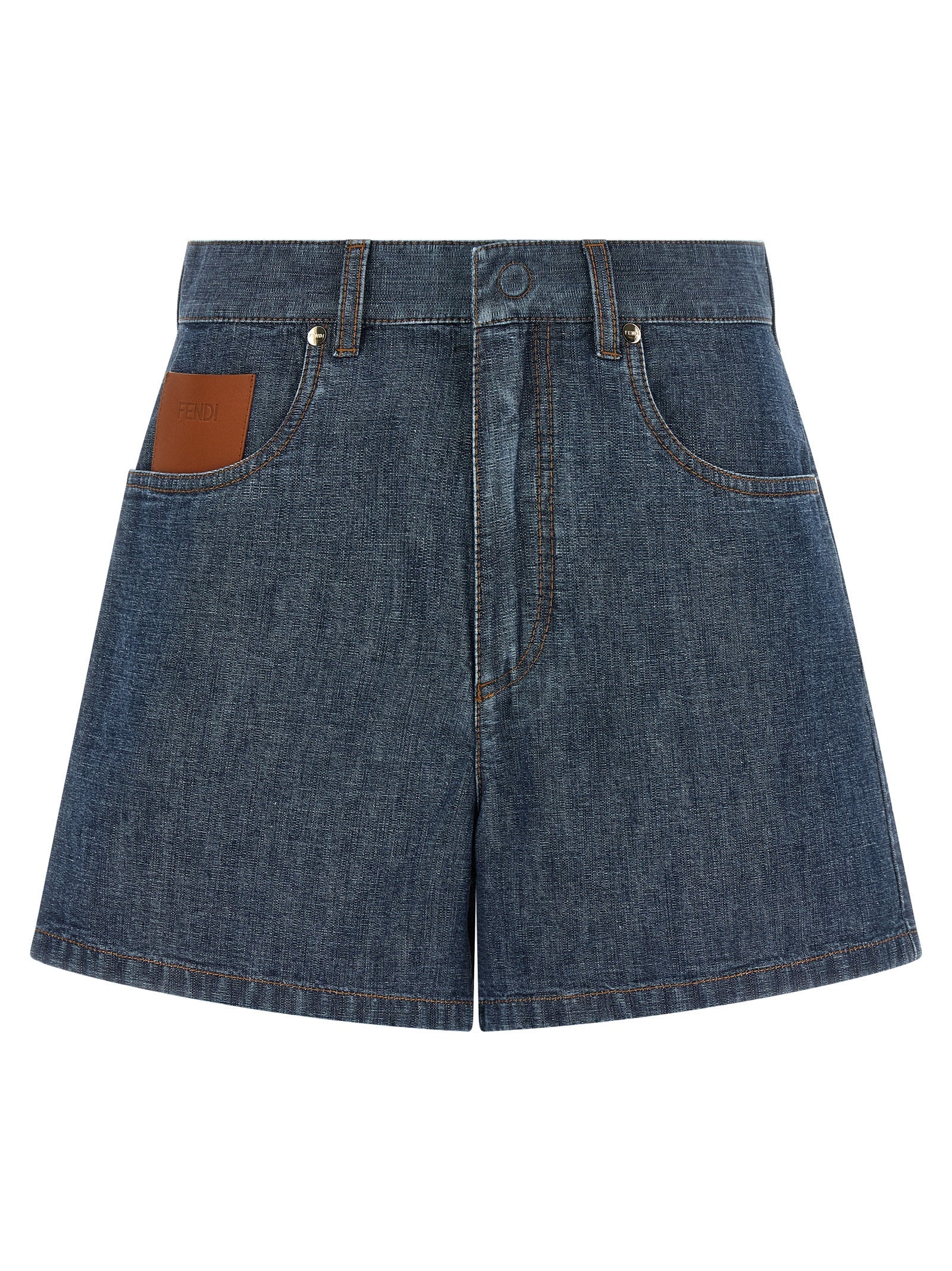 Fendi Leather-Patch Denim Bermuda Shorts — Blue