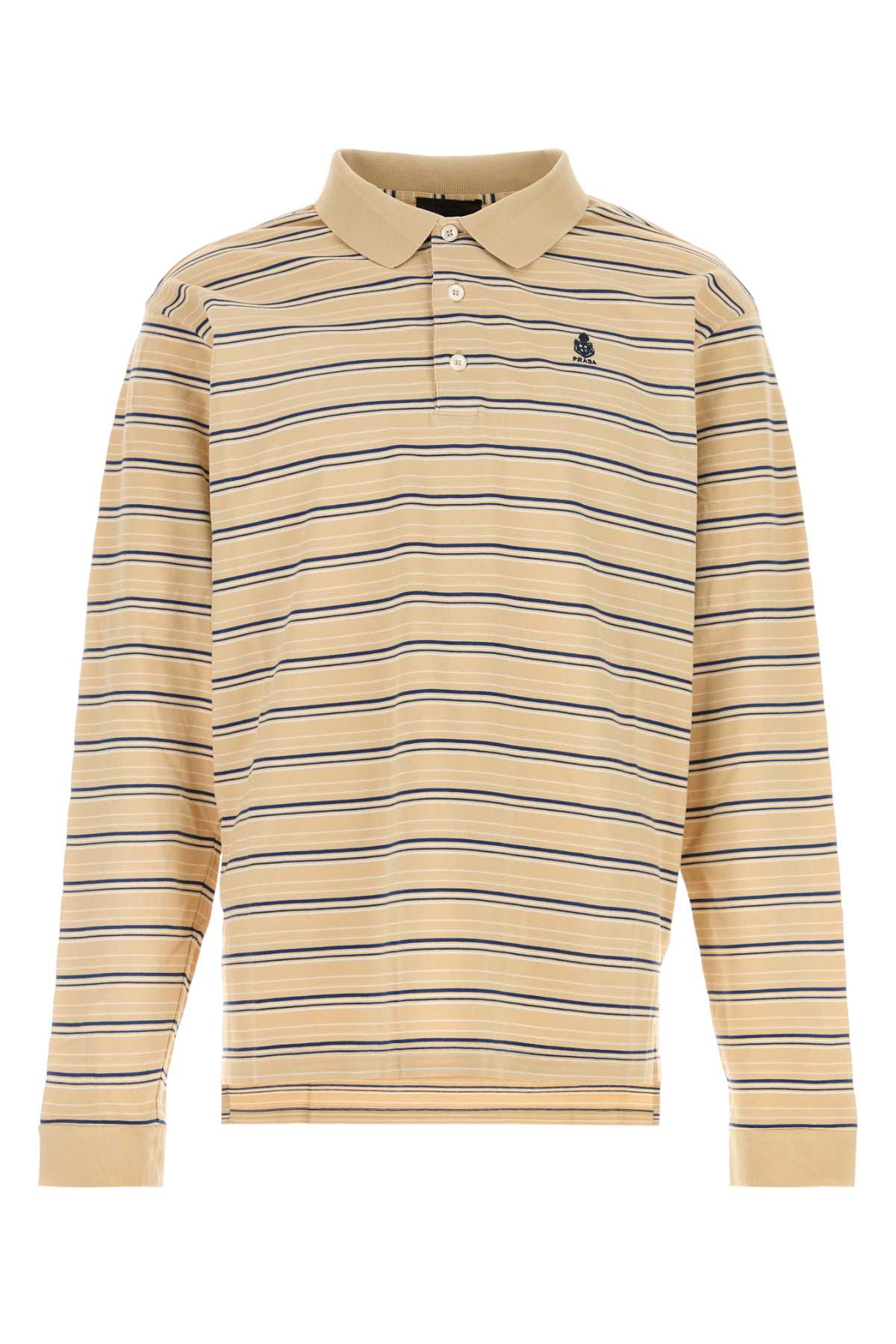 Prada Striped Embroidered Piquet Polo Shirt — Beige
