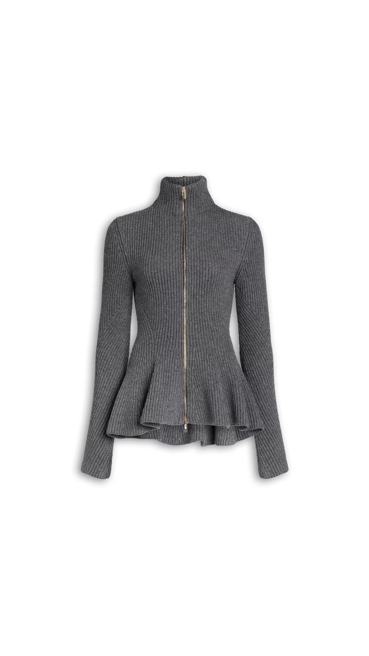 Maison AlaïA Ribbed Knit Peplum Cardigan — Gray