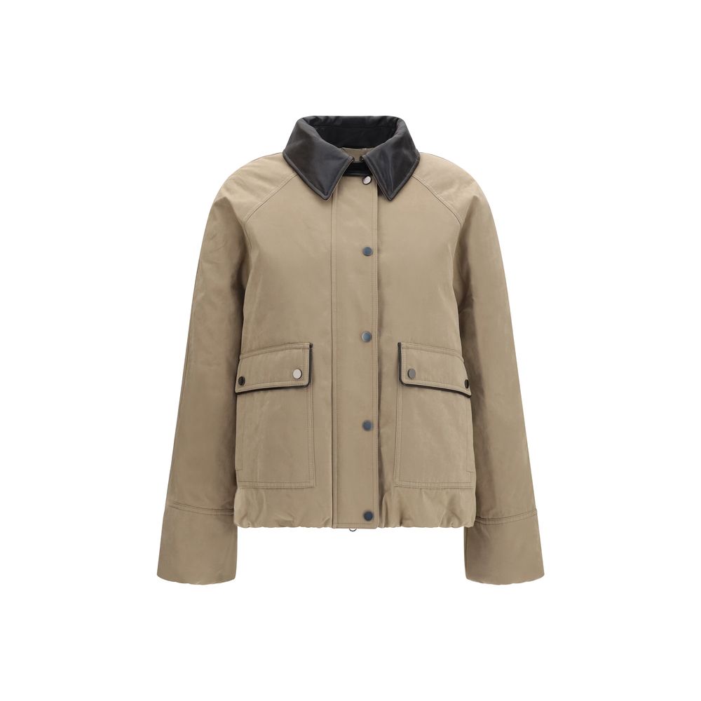 Brunello Cucinelli Padded Cotton with Leather Collar Jacket — Beige