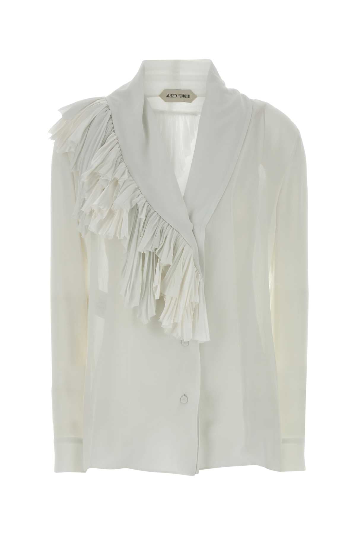 Alberta Ferretti Ruffle-Trimmed Silk Dress — White