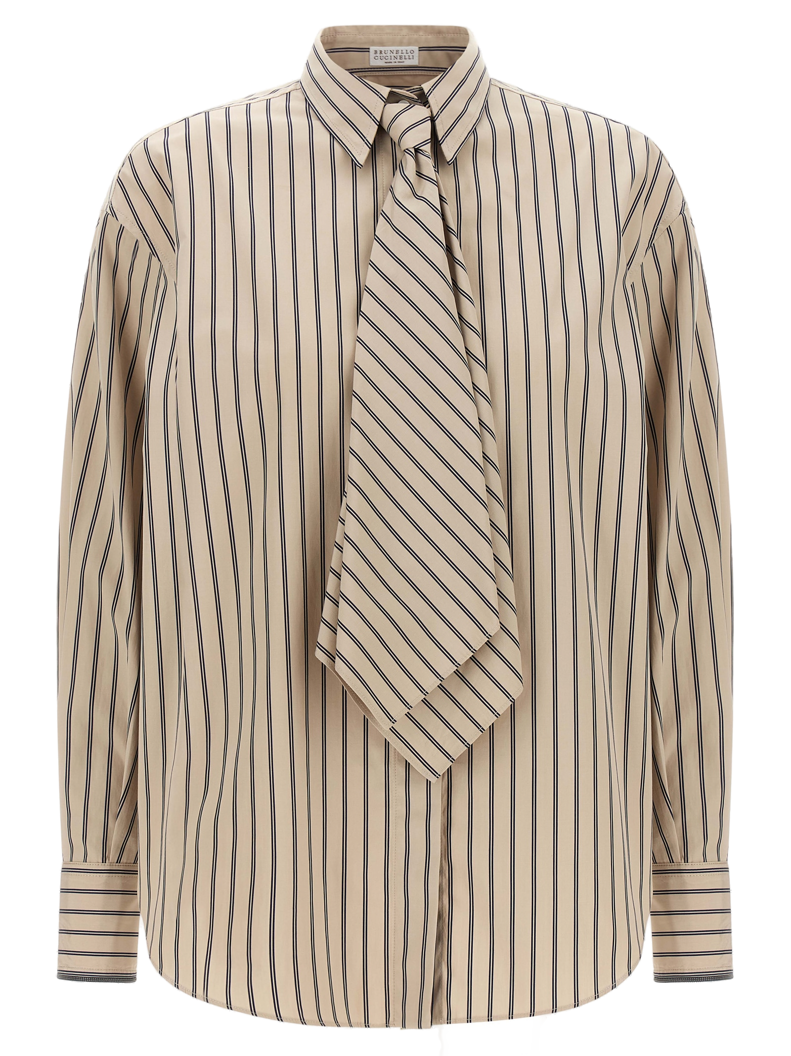 Brunello Cucinelli Vertical Striped Cotton Blouse — Beige