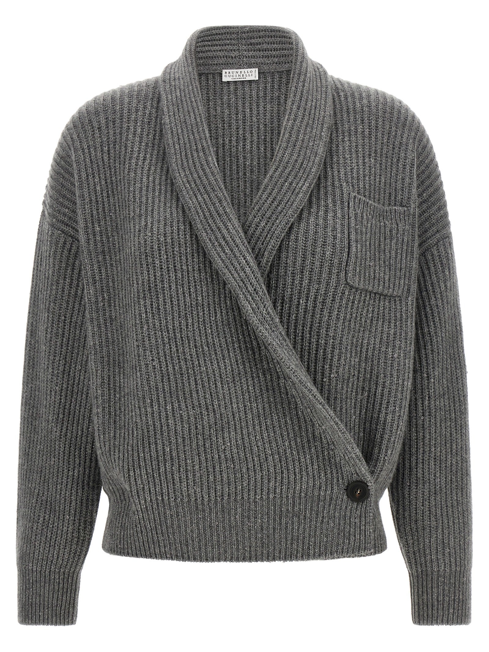 Brunello Cucinelli Cashmere Micro-Sequin Cardigan — Gray