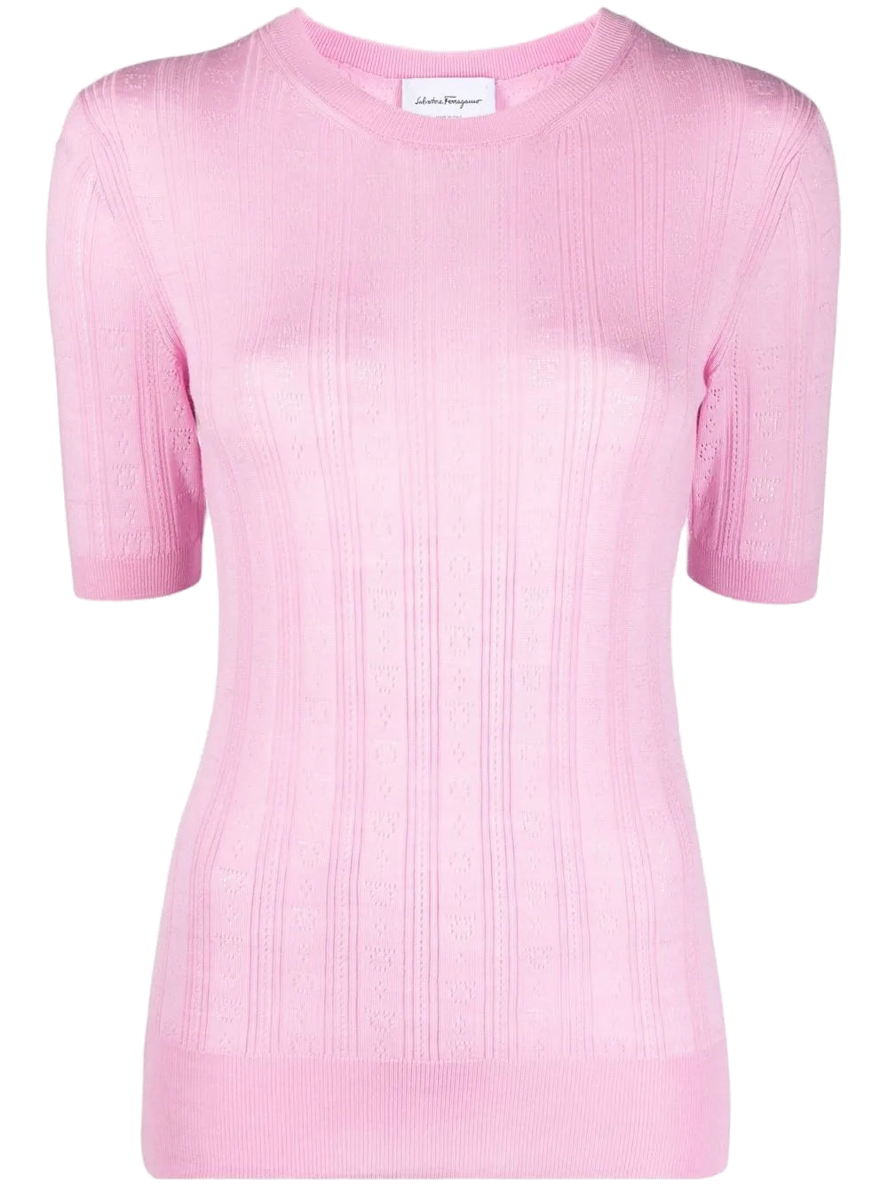 Ferragamo Gancini-Pattern Ribbed Knit Sweater — Pink