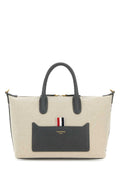 Thom Browne Canvas and Leather Colorblock Tote Bag — Beige