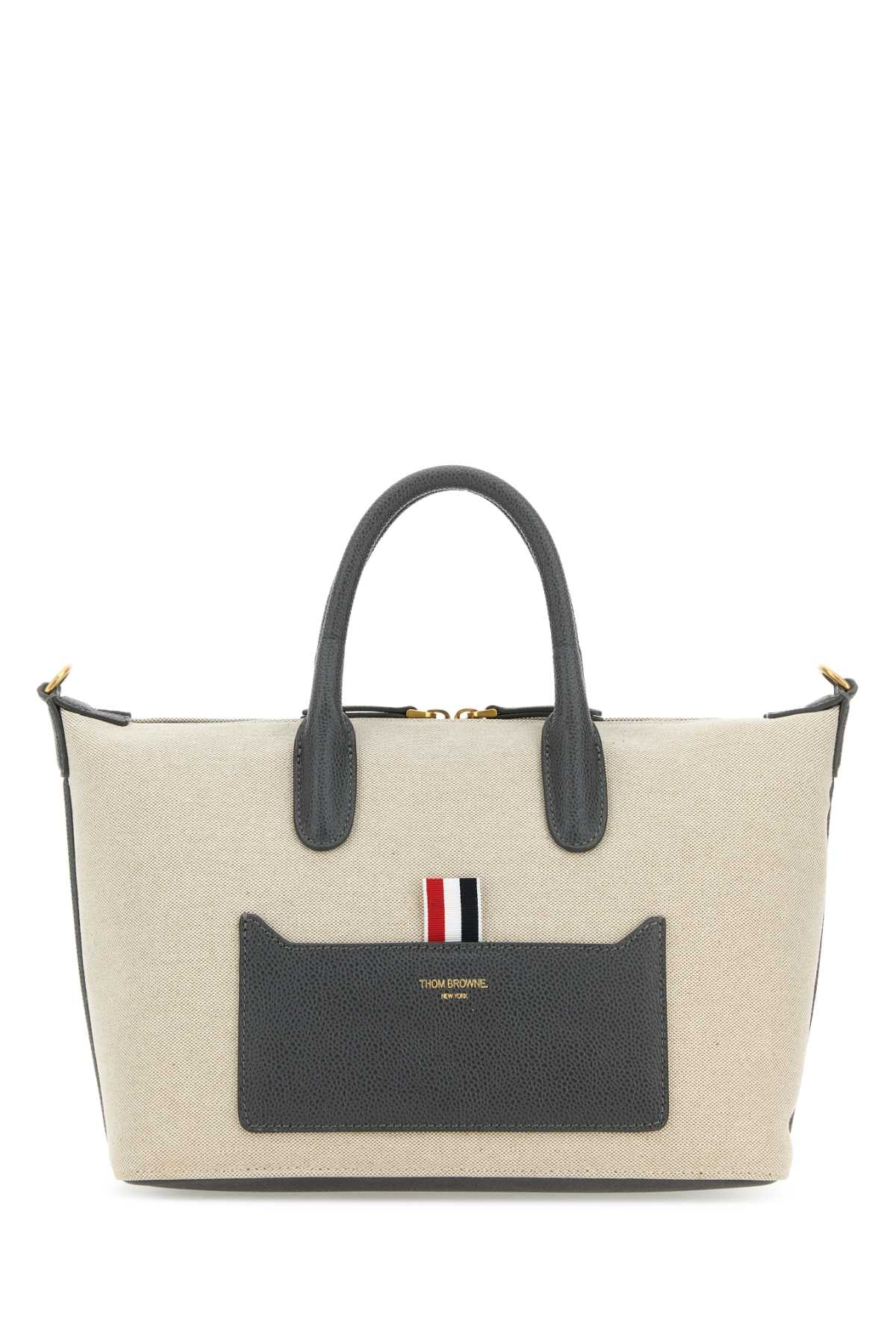 Thom Browne Canvas and Leather Colorblock Tote Bag — Beige
