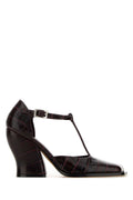 Loewe Crocodile-Embossed Leather T-Strap Heel — Burgundy