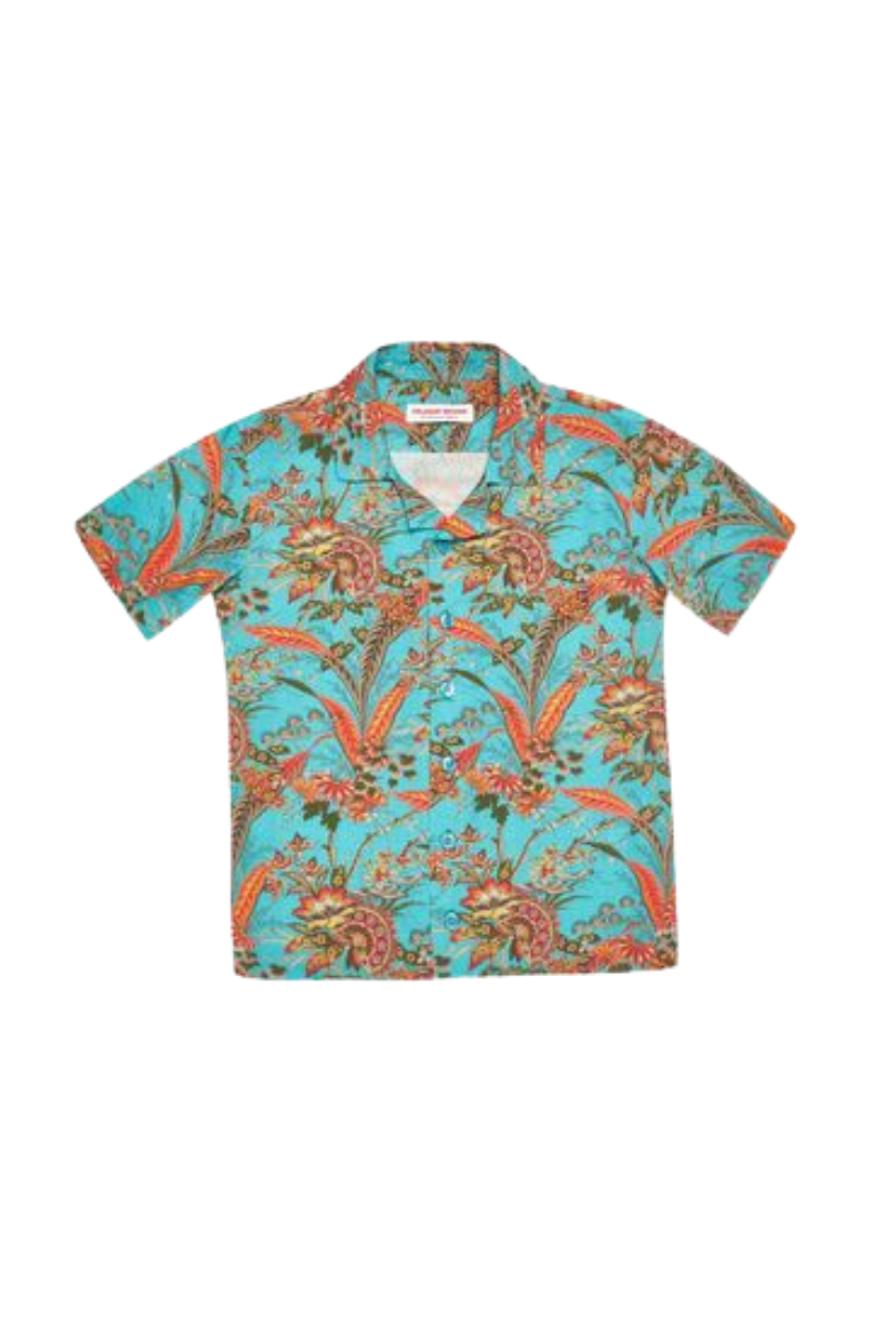 Orlebar Brown Lotus-Print Linen-Viscose Shirt — Turquoise