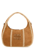 Miu Miu Whipstitched Suede Shoulder Bag — Beige