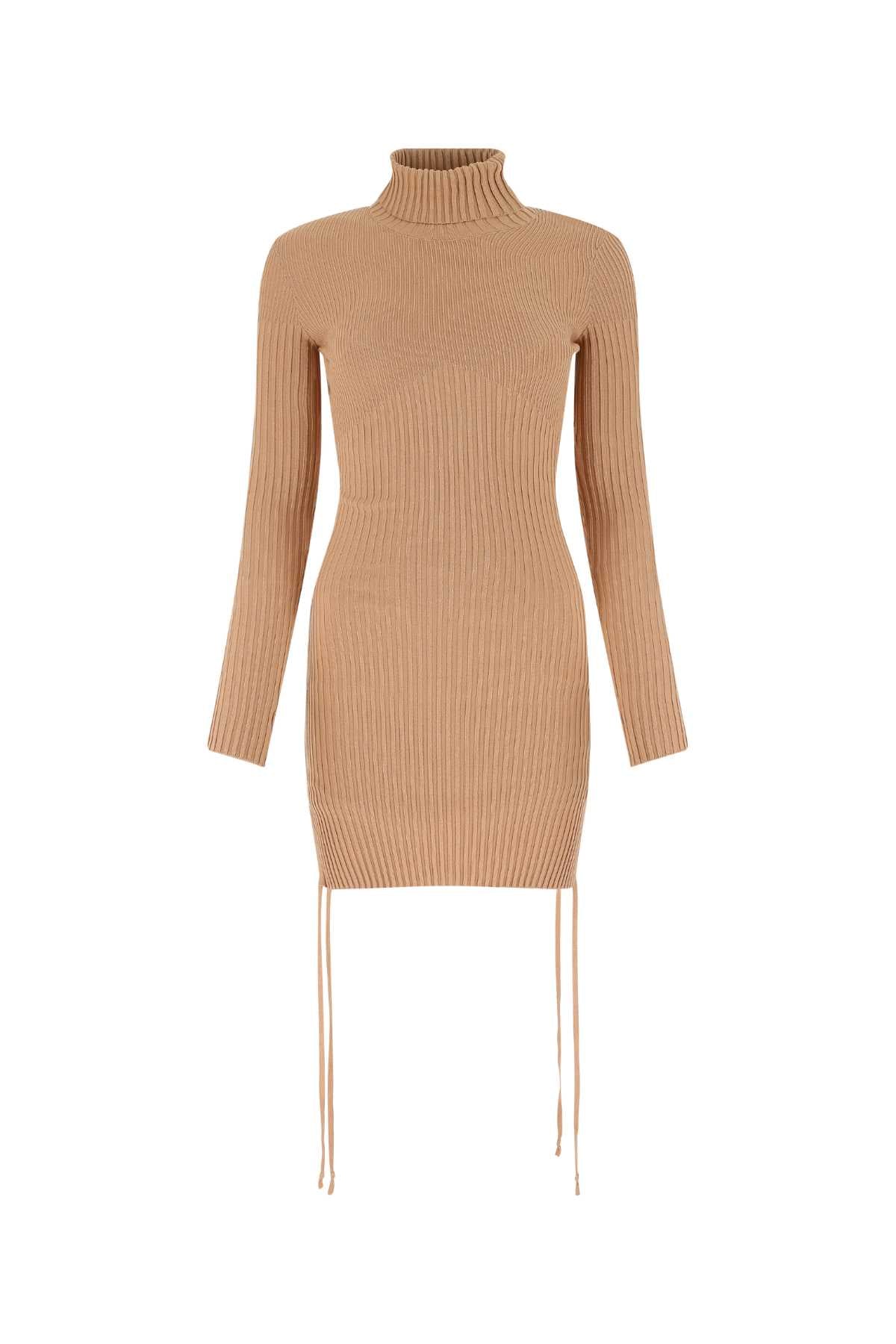 Andrea Adamo Ribbed Knit Turtleneck Dress — Beige