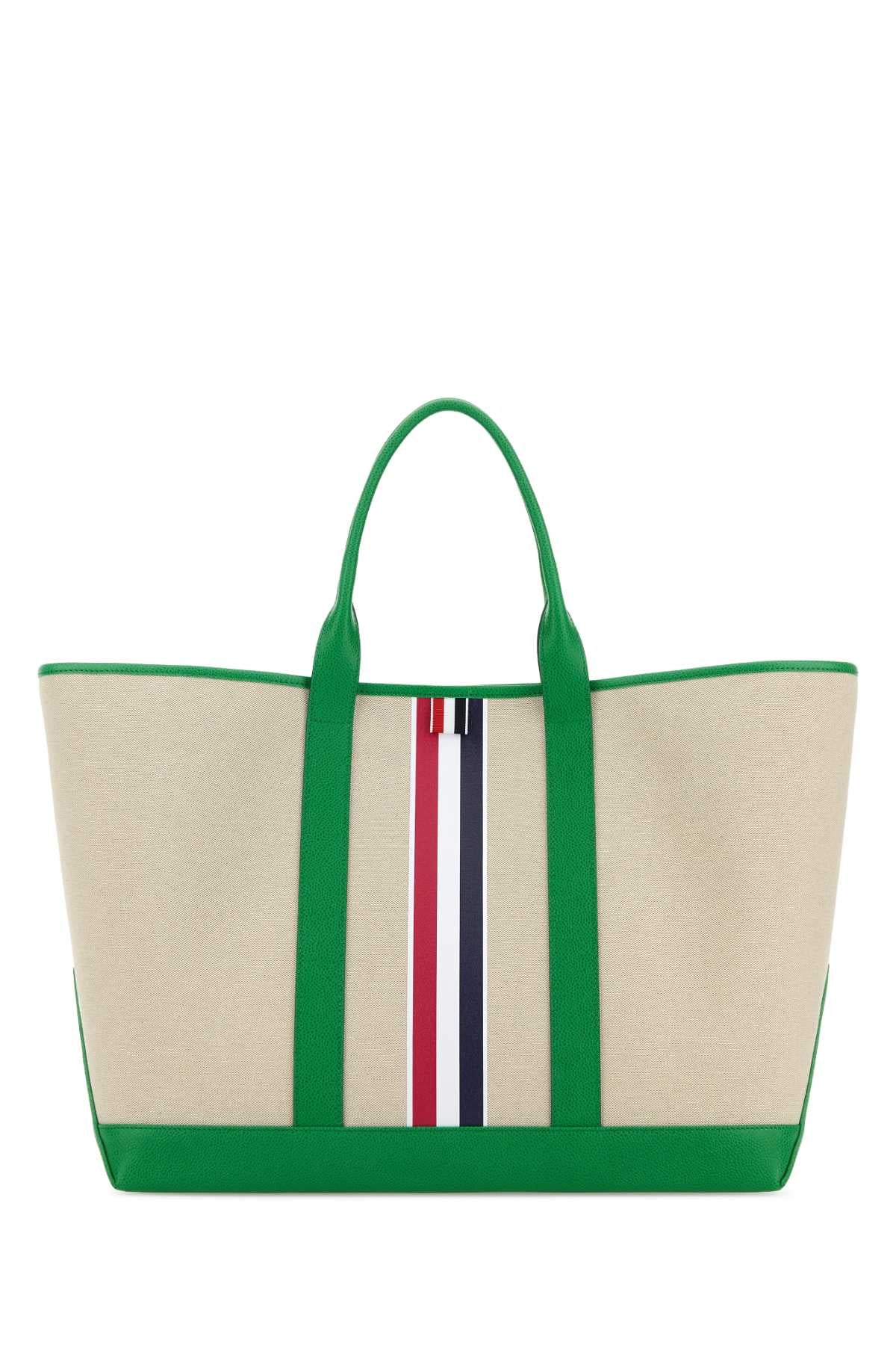Thom Browne Canvas with Striped Detail Tote Bag — Green