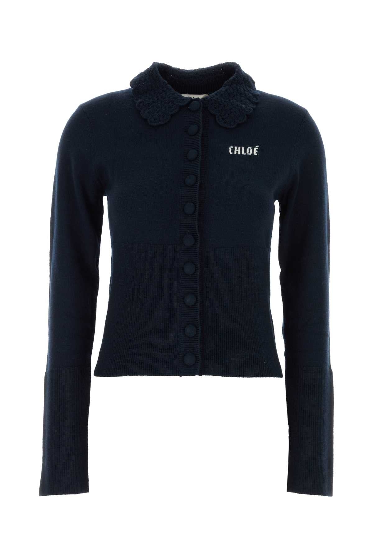 Chloé Wool-Knit with Peter Pan Collar Cardigan — Navy