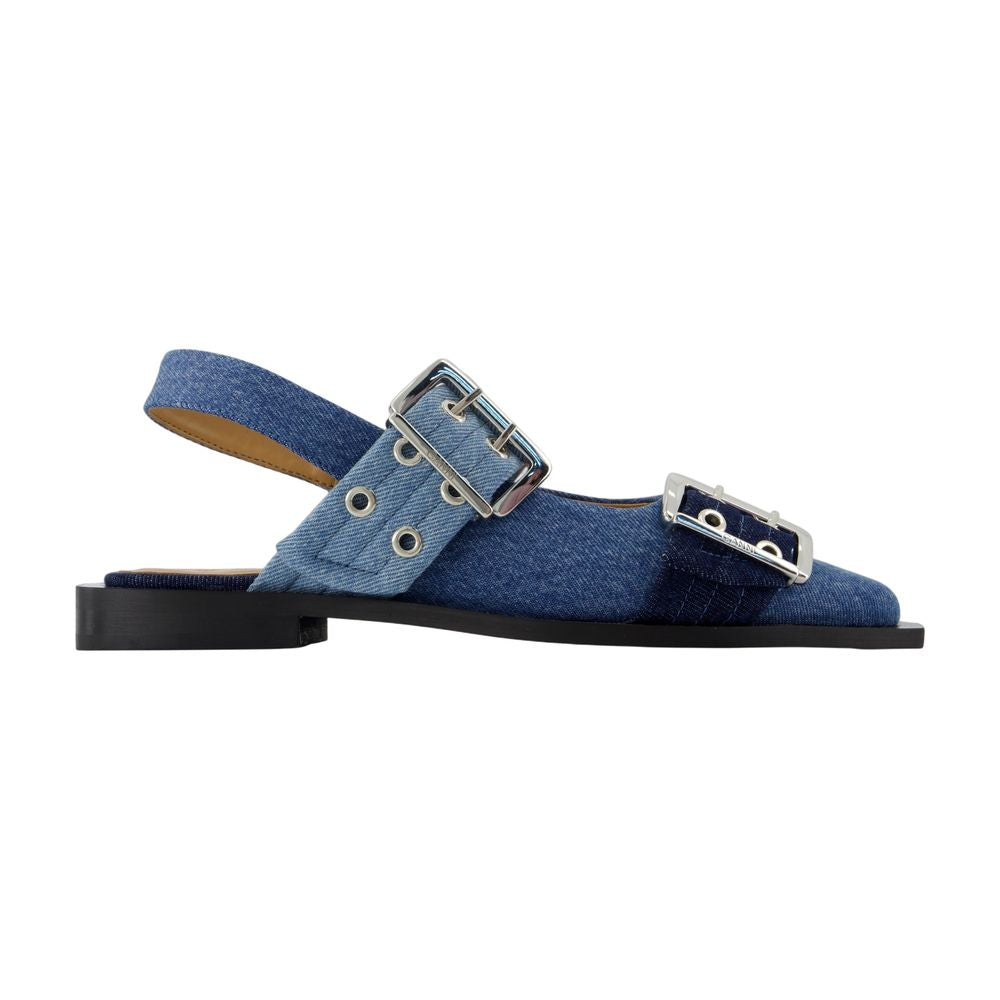 Ganni Buckle-Embellished Cotton Flat — Blue