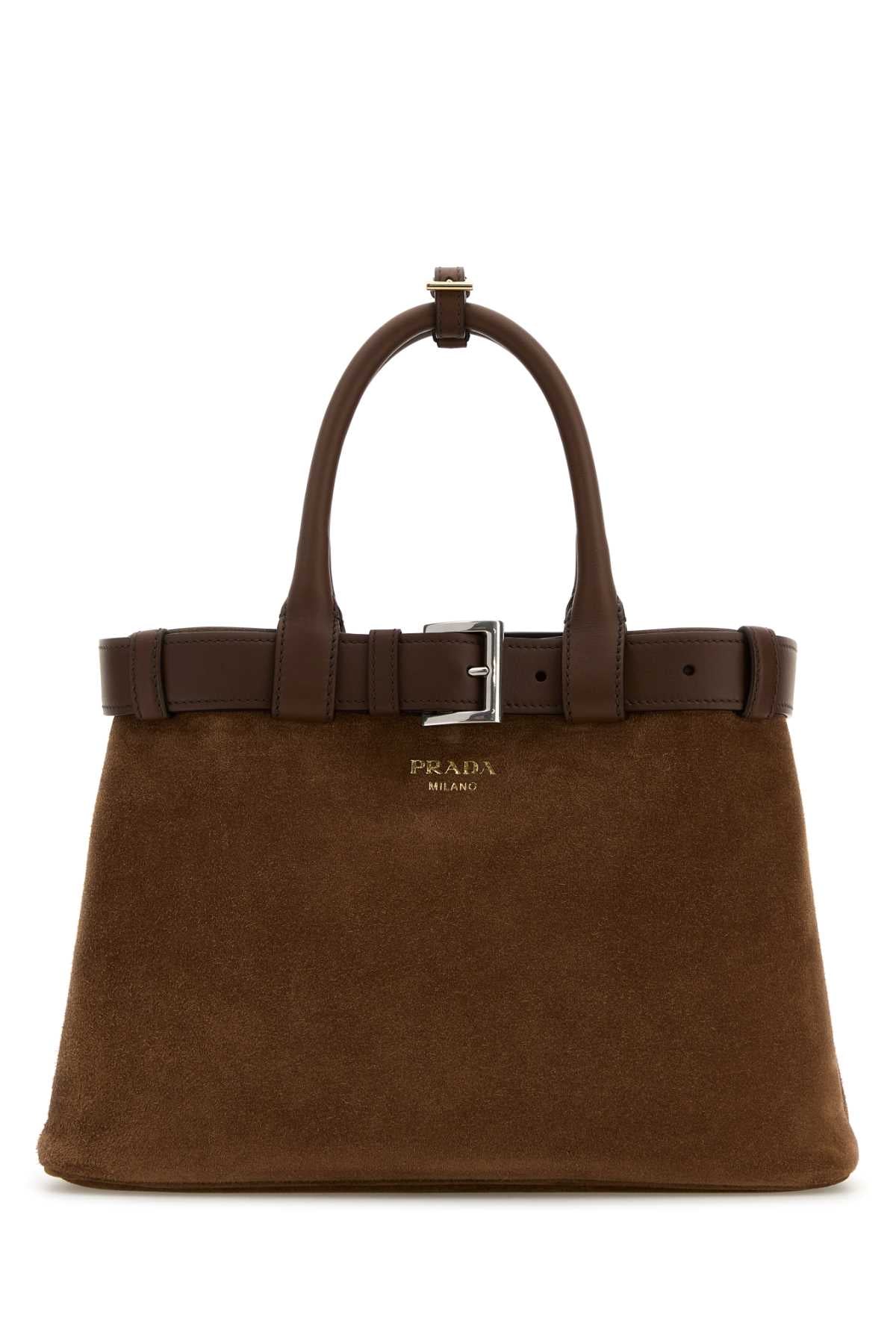 Prada Buckle-Detailed Vitello Top Handle Bag — Brown