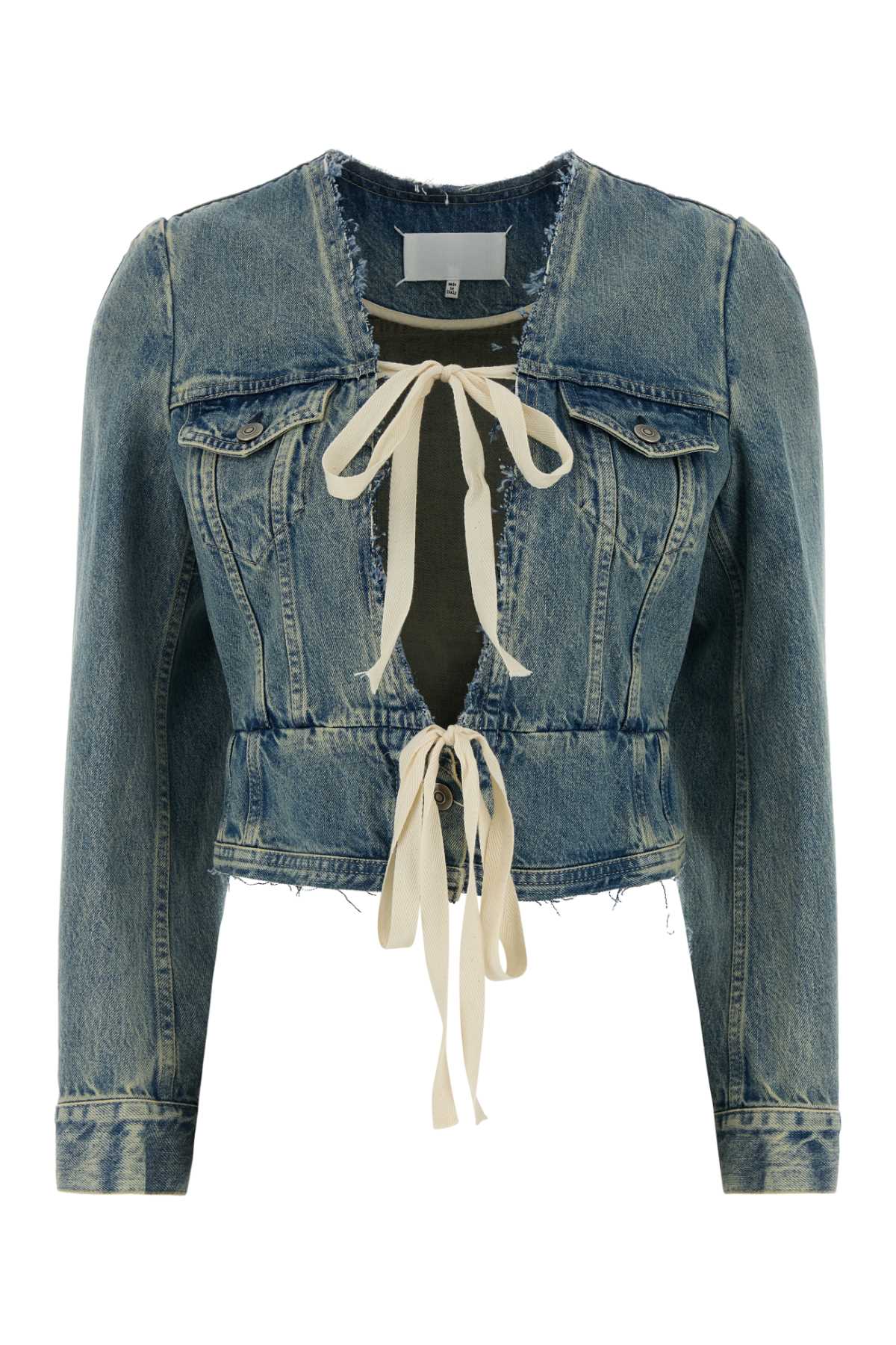 Maison Margiela Ribbon-Tie Cropped Cotton Jacket — Blue