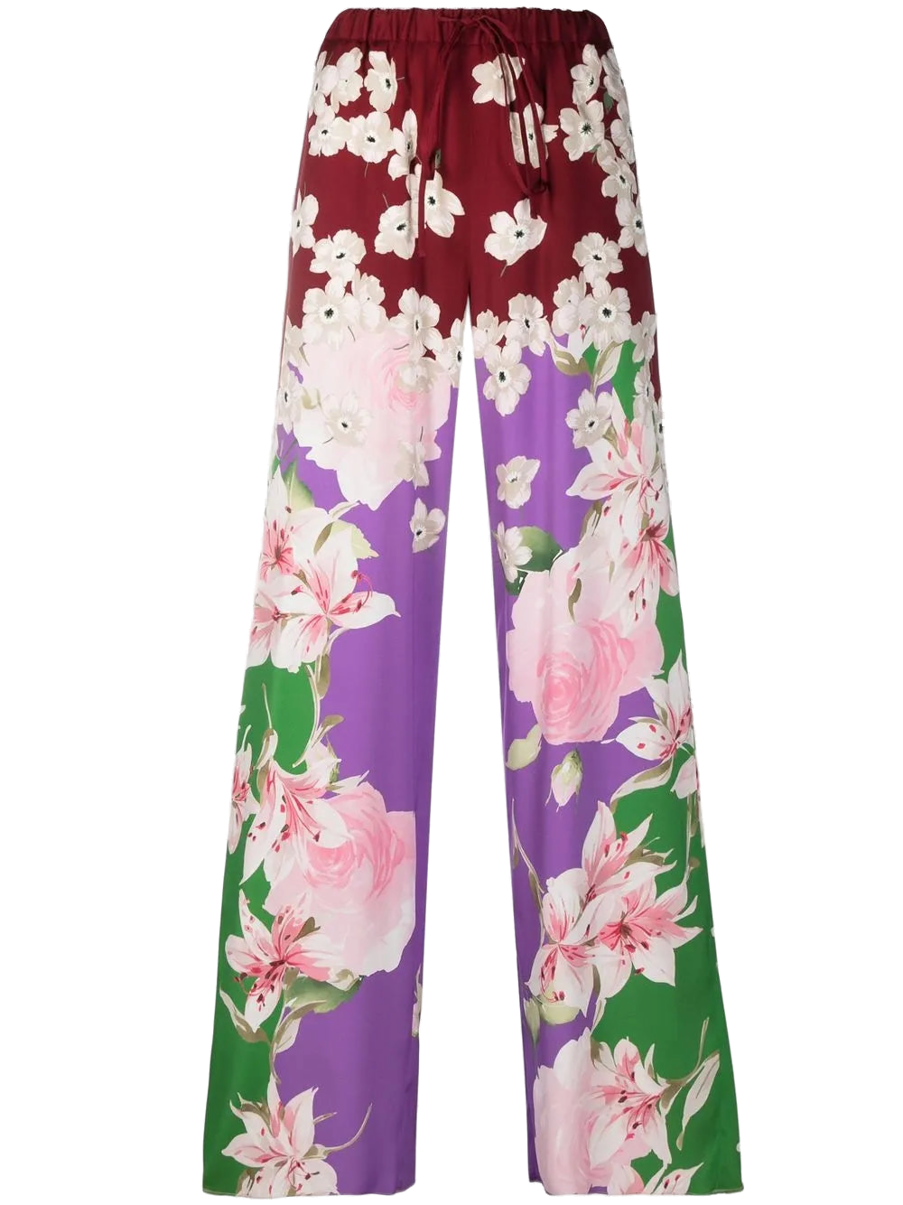 Valentino Floral-Print Stretch-Silk Trousers — Red