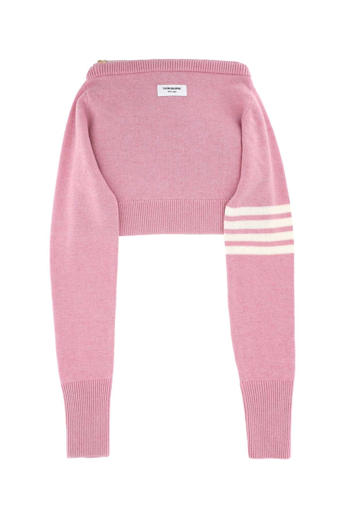Thom Browne Cropped Merino Wool with Striped Trim Sweater — Pink