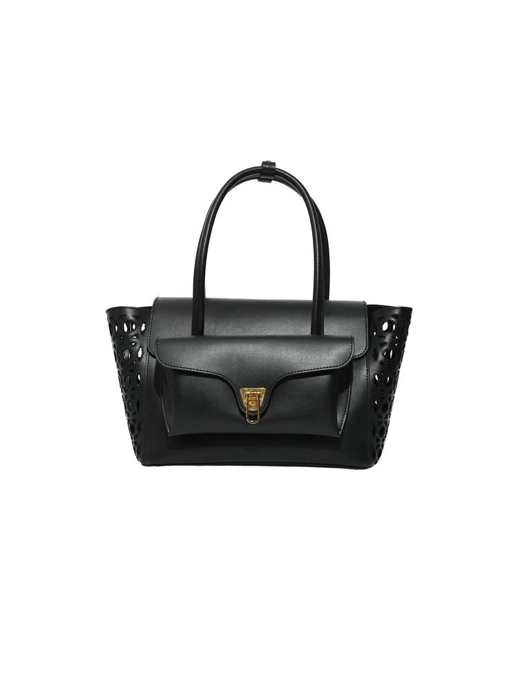 Coccinelle Perforated Calf Split Leather Shoulder Bag — Black