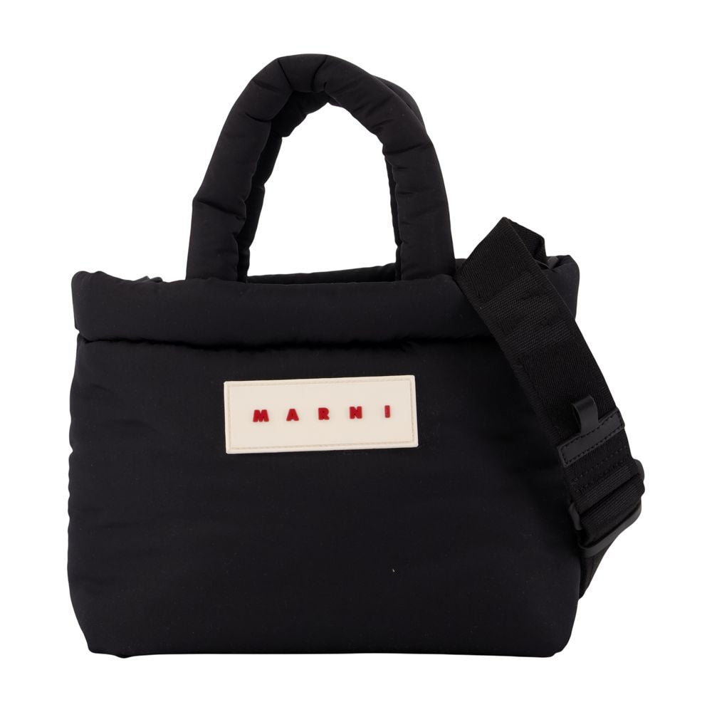 Marni Puffy Nylon Logo-Patch Top Handle Bag — Black