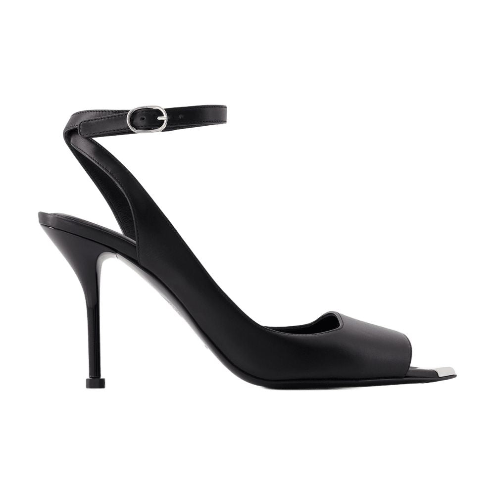 Alexander McQueen Ankle-Strap Leather Heel Sandal — Black