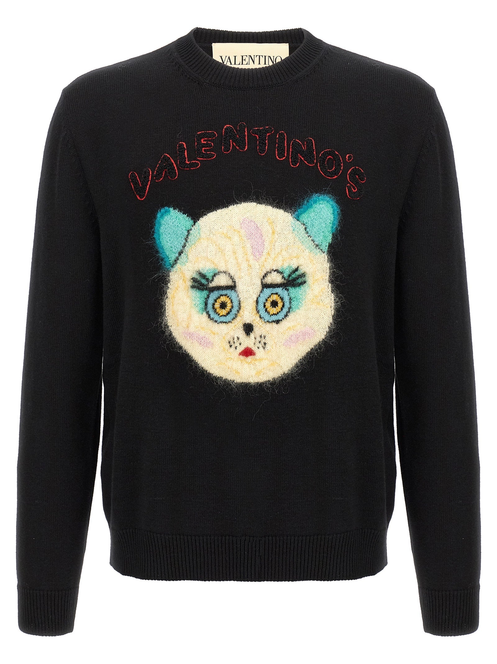 Valentino Garavani Embroidered Cat-Face Wool-Cotton Sweater — Black