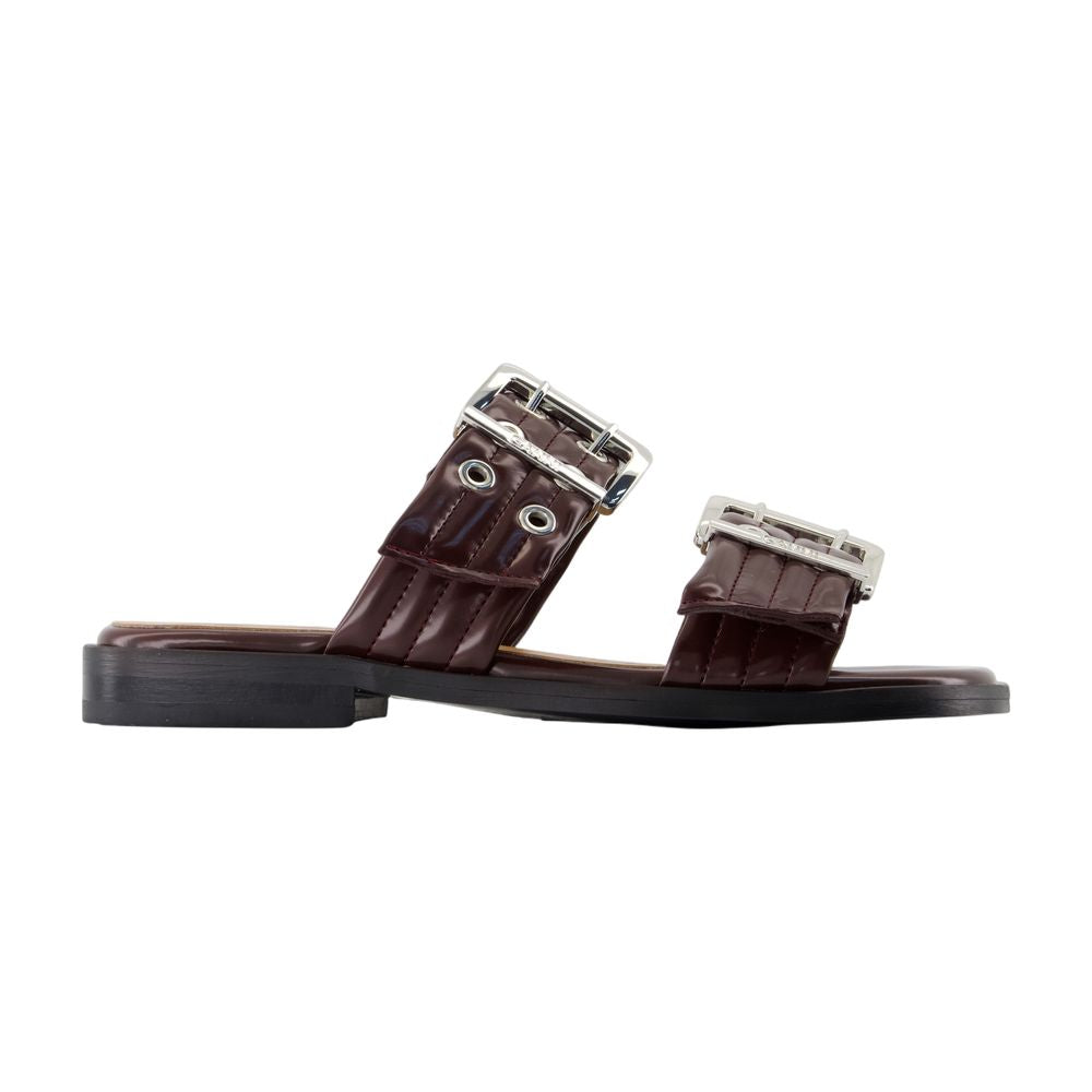 Ganni Buckle-Strap Leather Sandals — Burgundy
