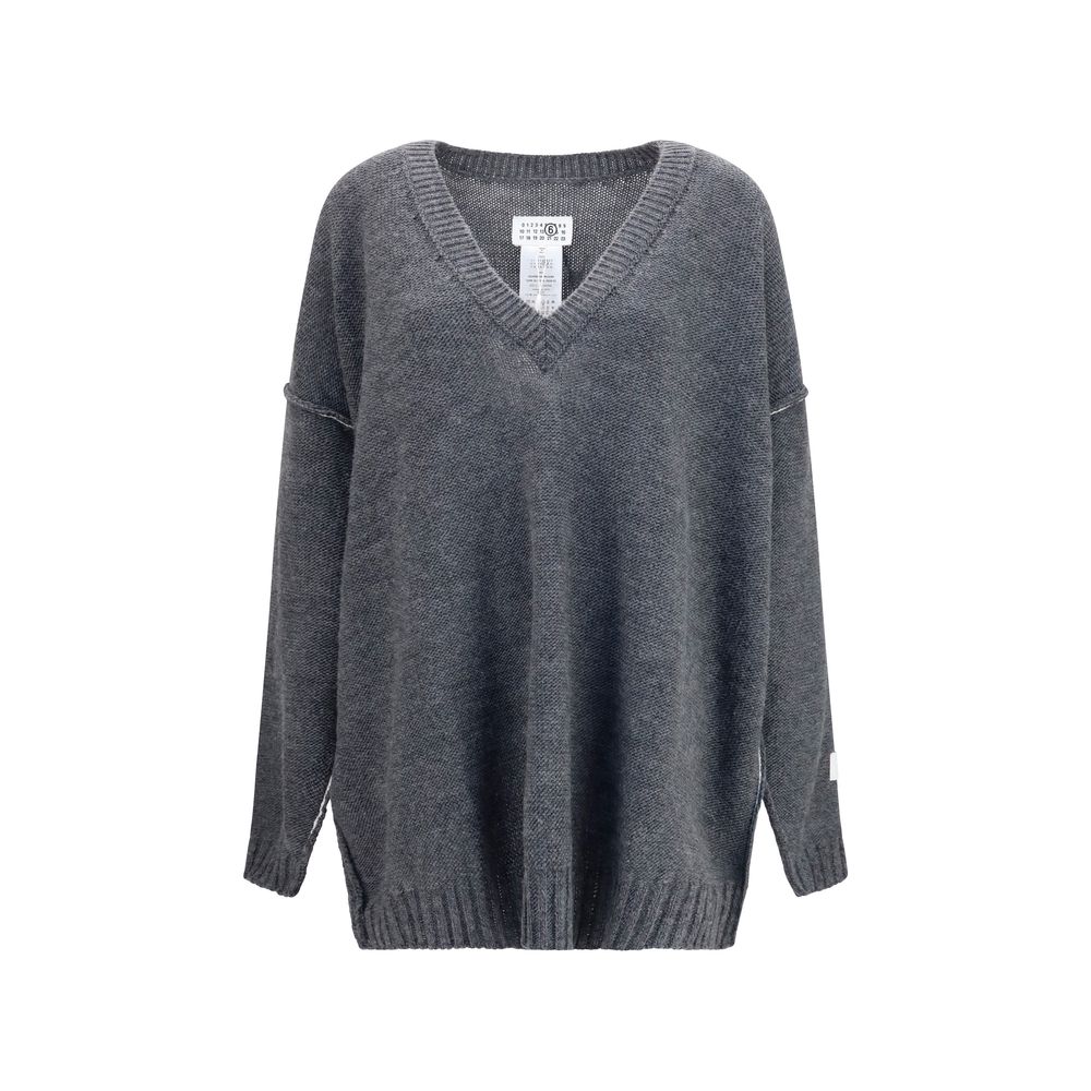MM6 Maison Margiela Oversized Wool-Blend V-Neck Sweater — Gray