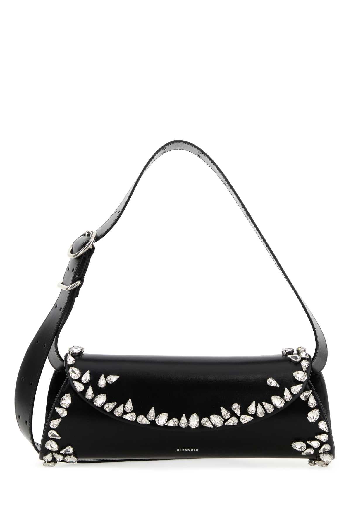Jil Sander Crystal-Embellished Leather Shoulder Bag — Black