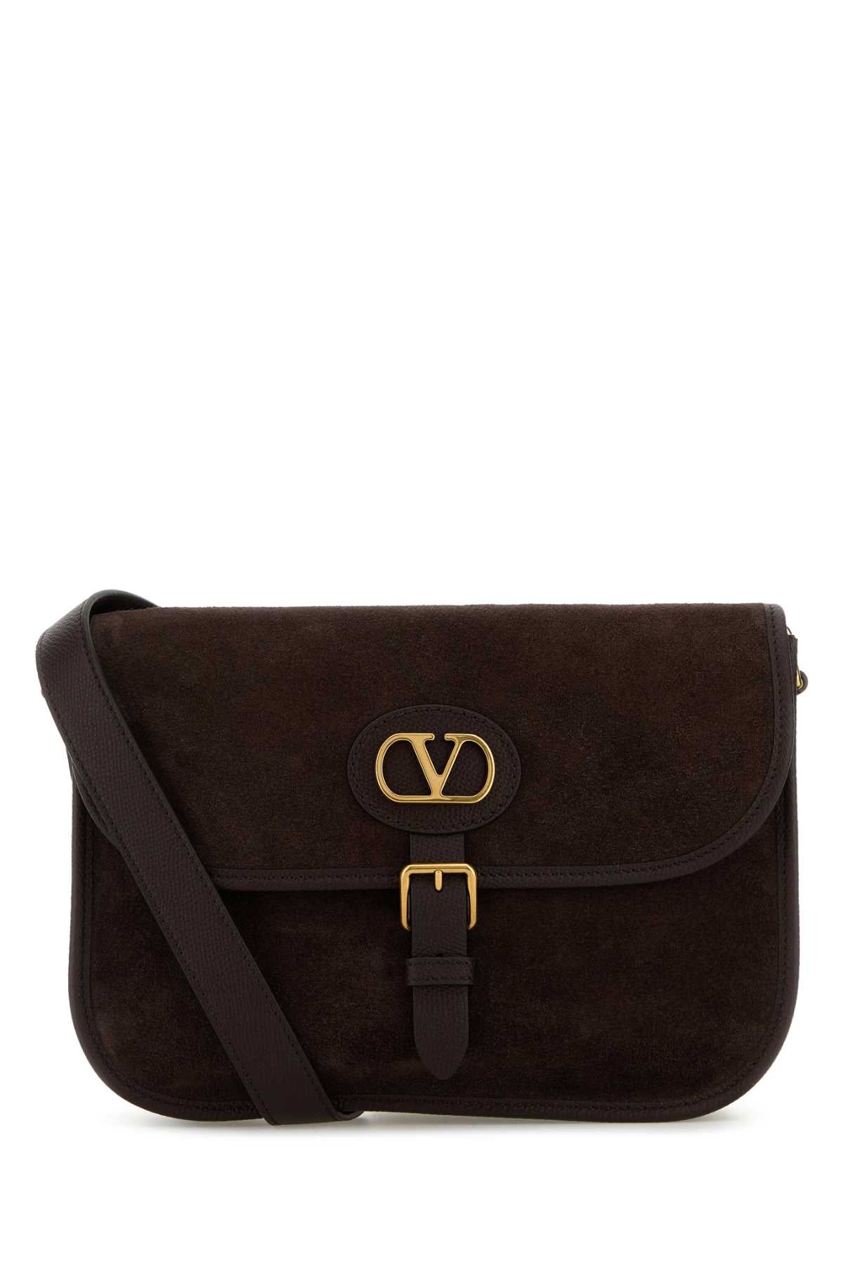 Valentino Garavani Suede with Logo Buckle Shoulder Bag — Brown