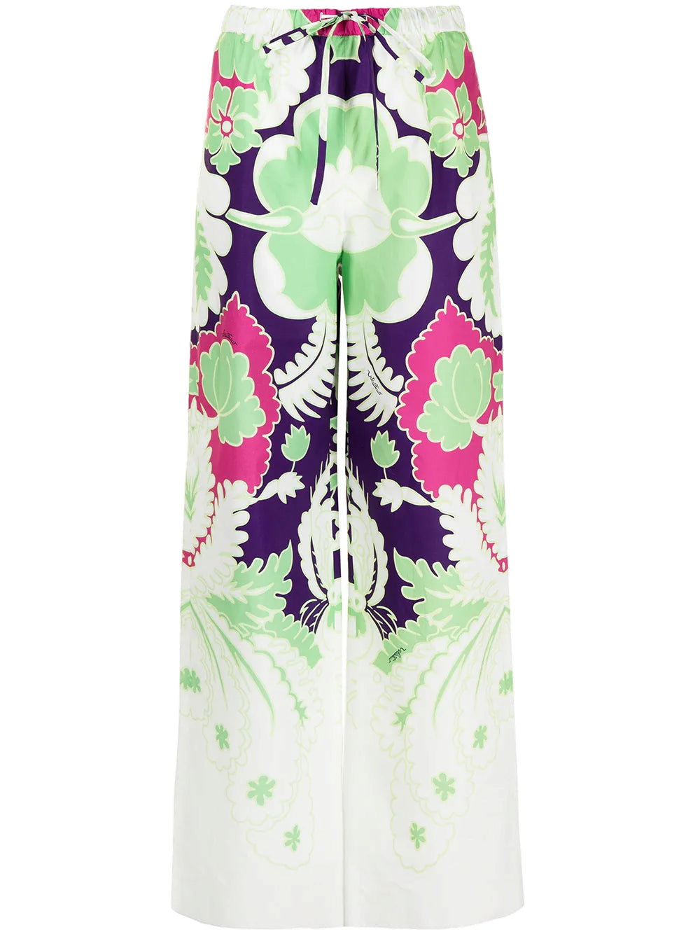 Valentino Floral-Print Wide-Leg Trousers — Green