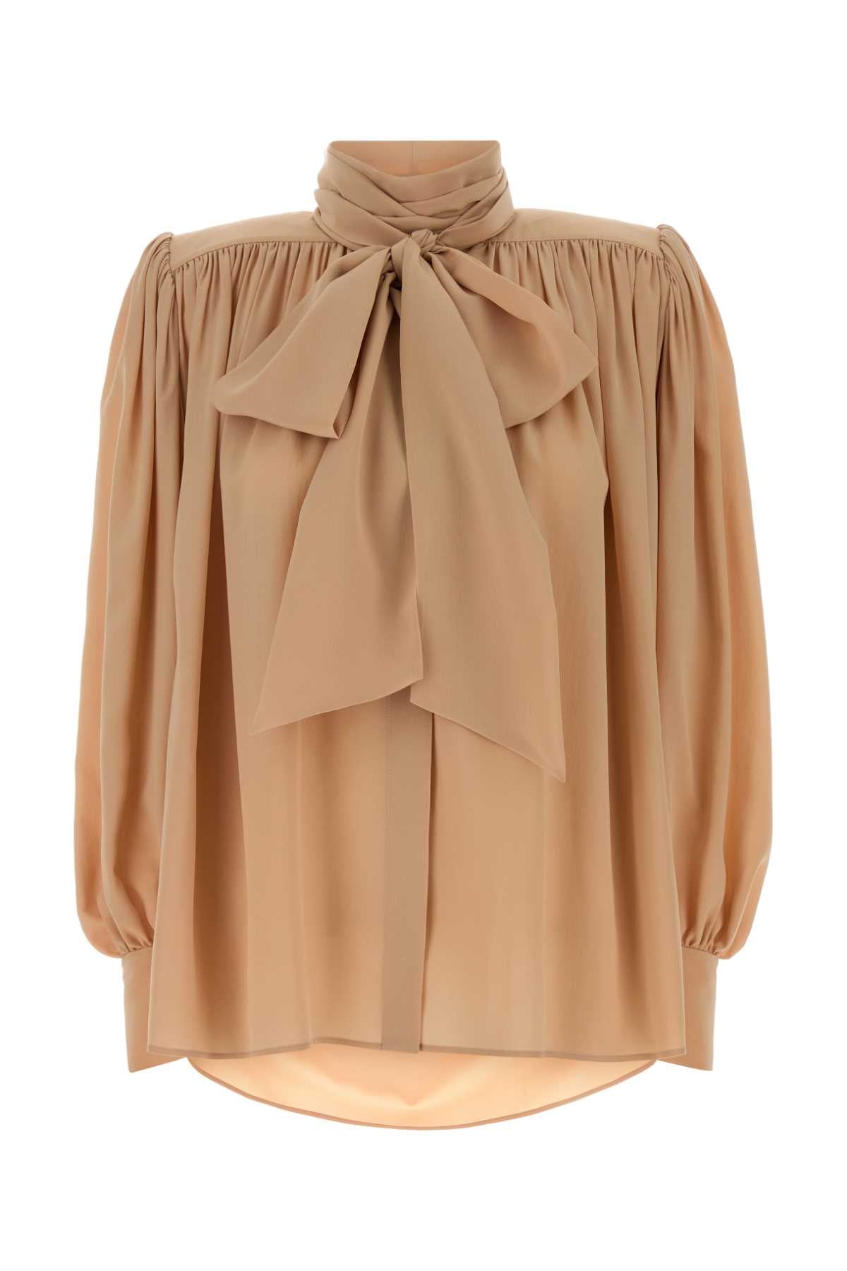 Chloé Silk Crepe Bow-Neck Blouse — Beige