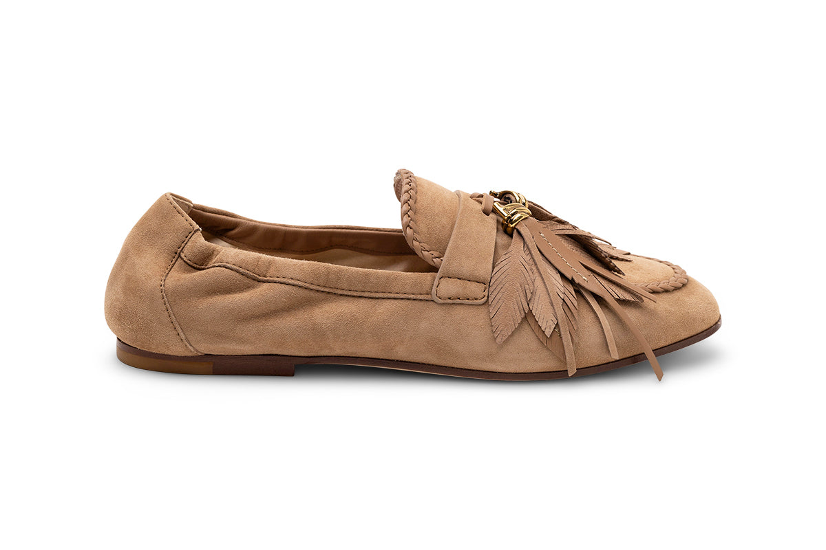 Tod's Tassel-Embellished Suede Loafer — Beige